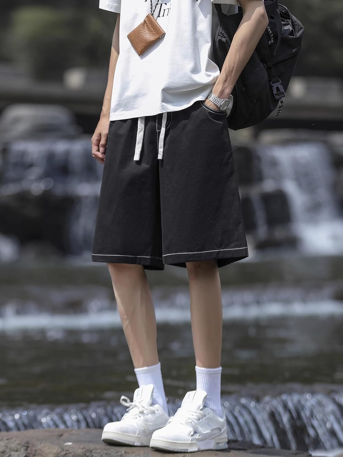 Men's Shorts Embroidered Workwear Summer American Style Loose Fit Straight Leg Pants for Men-Navy Blue-X-Large