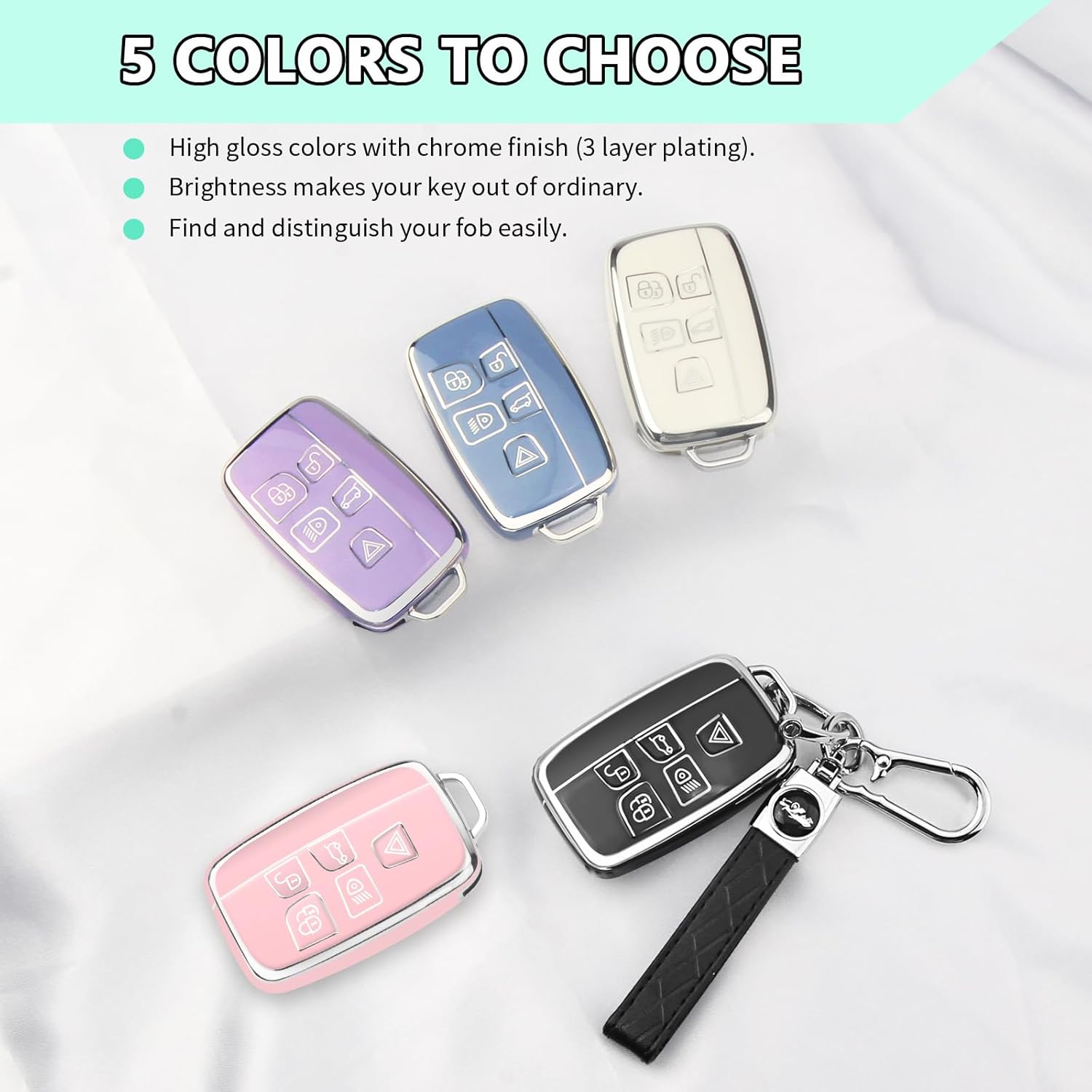 FT FUNTOR for Range Rover Key Fob Cover,Compatible with Land Rover LR4 Range Rover Sport Evoque Jaguar XJ XE XJL XEL XFL F-pace,5 Buttons TPU for Jaguar Key Fob Cover with Silver Edge (A-Black) - Image 6