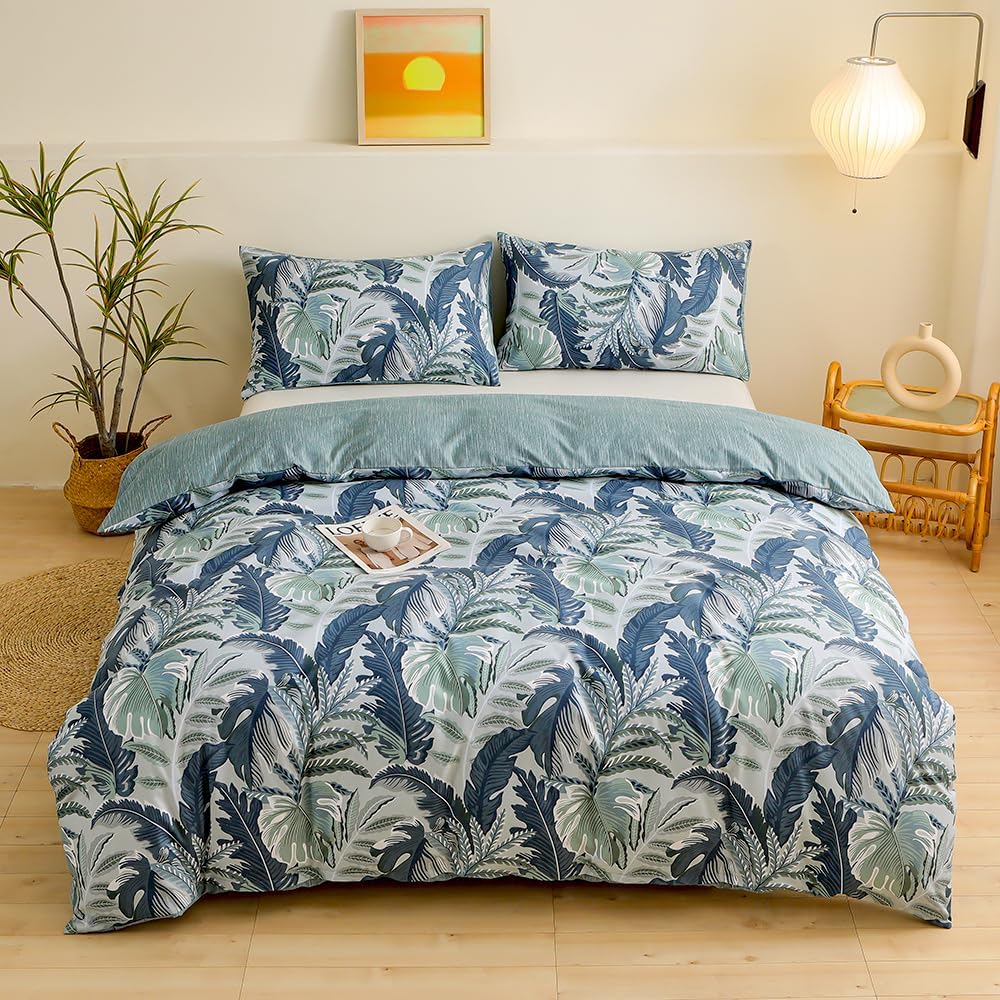 Koudi Tropical Duvet Cover Set Queen Blue Green Palm Leaves Monstera Plant Bedding Set Rainforest Botanical Microfiber Comforter Cover with Zipper Ties