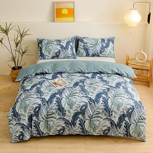 Miniatura 7 de Juego de funda de edredón tropical, tamaño King, diseño de hojas de palmera azul y verde, Monstera, juego de ropa de cama de microfibra botánica con