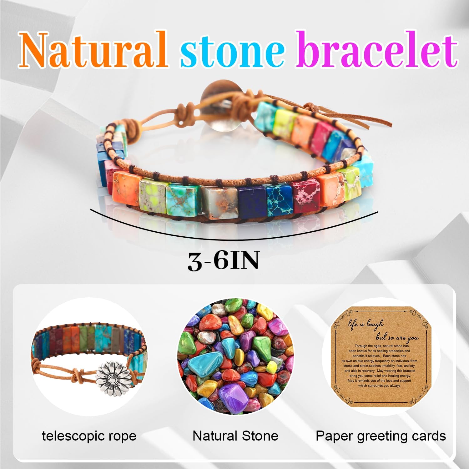 Boho Friendship Bracelet, 3 to 6 Inch Wrap Natural Stone Bracelet, Inspirational Gifts Bracelets Handmade Colorful Gemstone Jewelry, Adjustable Inspirational Bracelets for Women