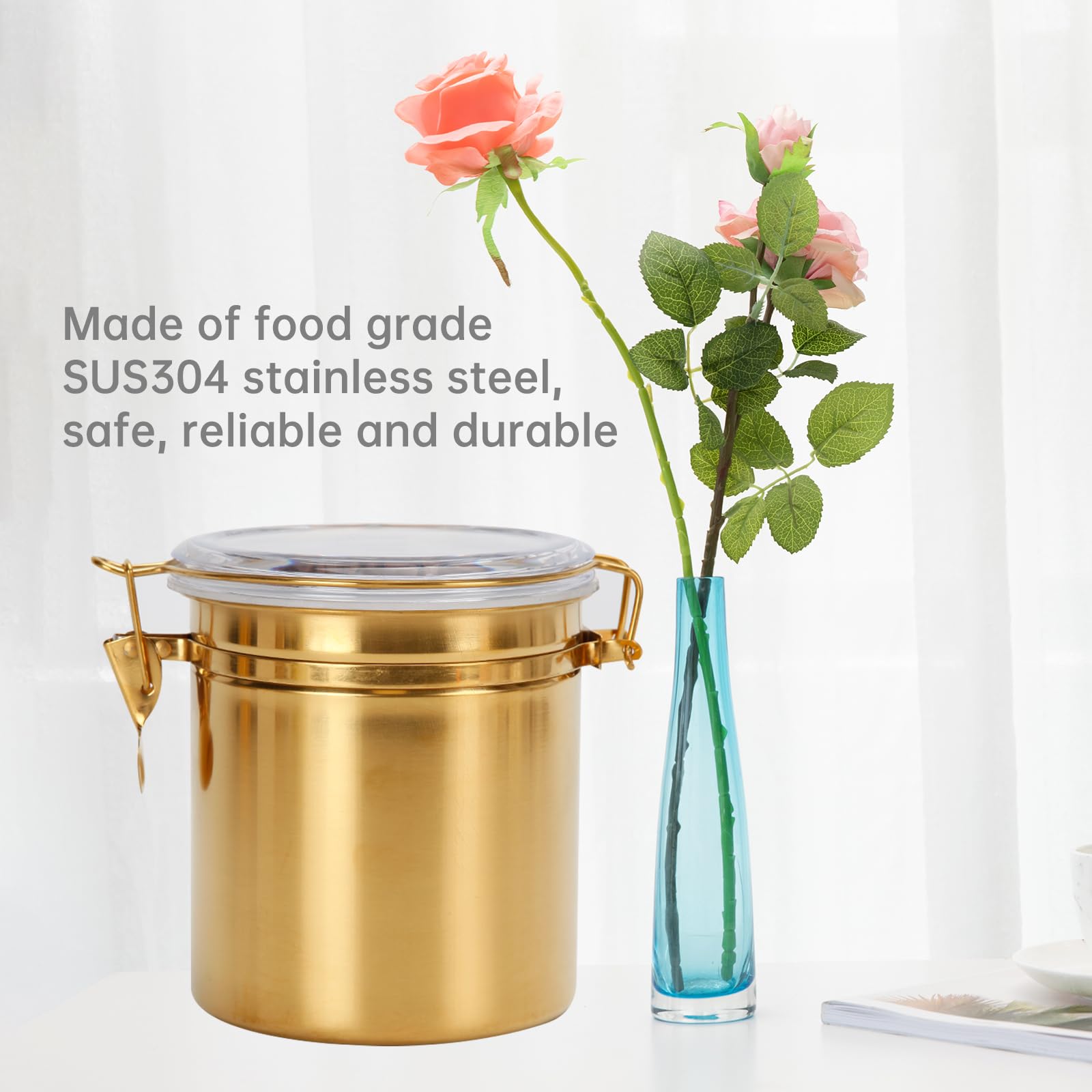 Recipiente de cocina de 50 onzas, tarro de alimentos de acero inoxidable para granos de café, té, harina, azúcar, almacenamiento de galletas, recipiente de café con tapa transparente hermética