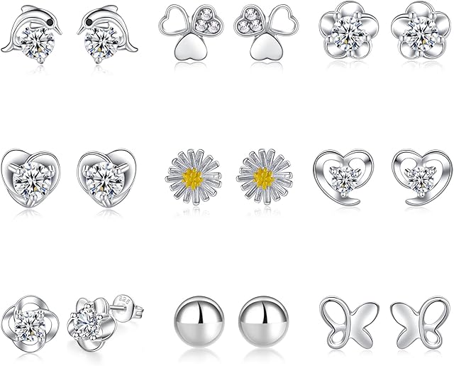 Sterling Silver Stud Earrings S925 Silver Stud Earrings For Women Cubic Zirconia Silver Studs For Girls Round Heart Shape Flower Butterfly Small Cartilage silver Earrings Set JEEJPV