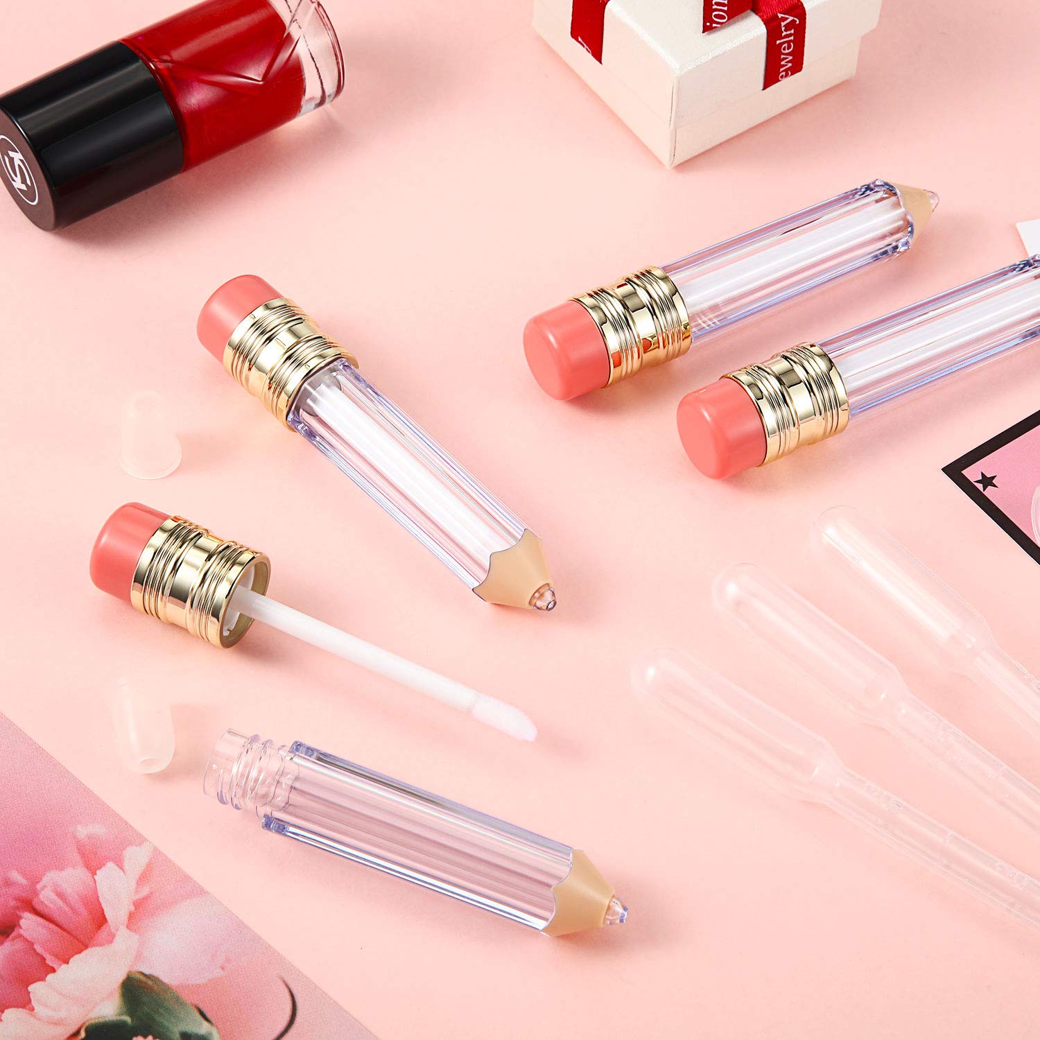 12 Pieces Pencil Shaped Empty Lip Gloss Tubes Containers 5 ml Clear Mini Refillable Lip Oil Bottles with 3 ml Dropper for Travel Split Charging DIY Makeup