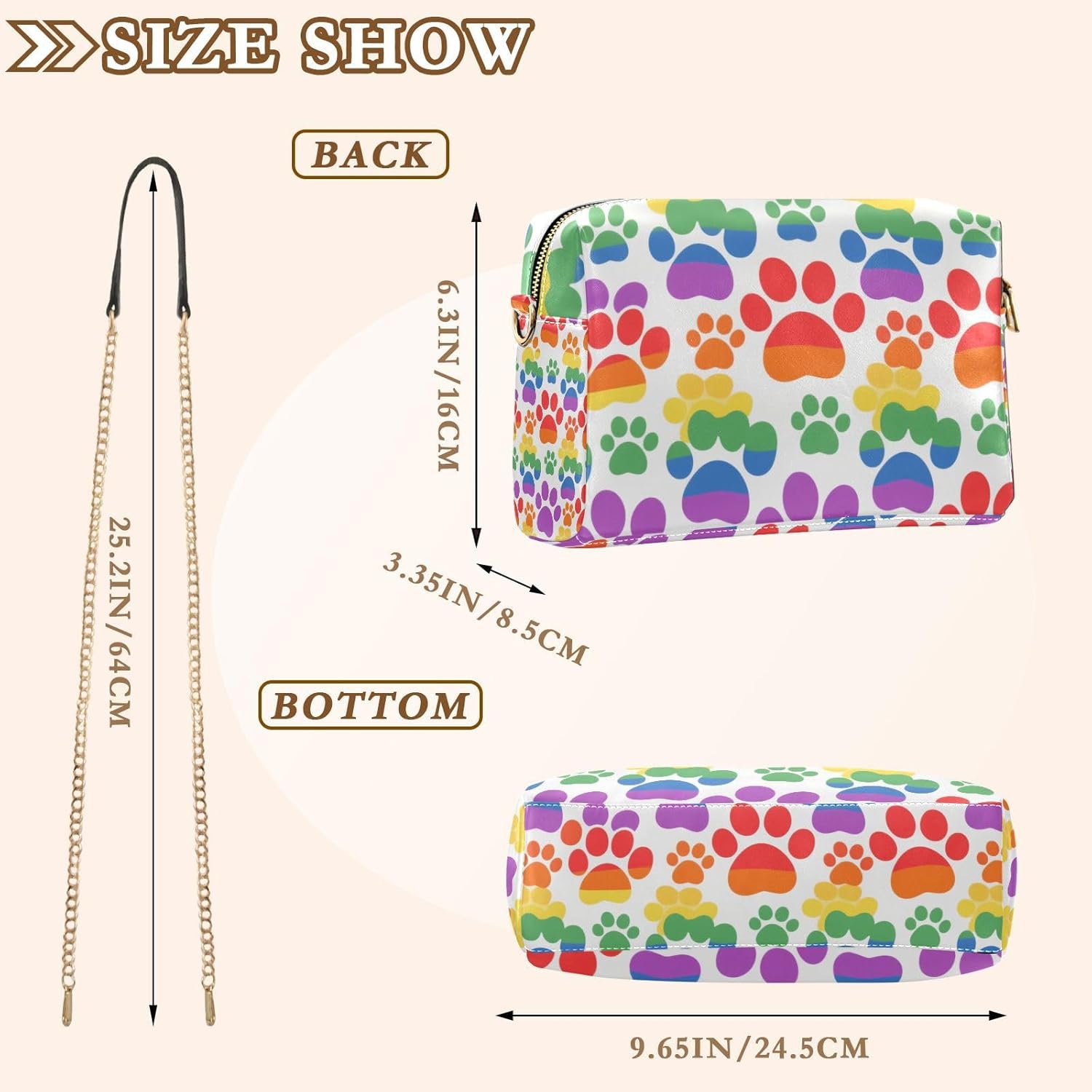 KLL Colorful Dog Footprints Fashion Small Crossbody Bag Women Vegan Leather Cross Body Purse Zip Shoulder Hand Bags