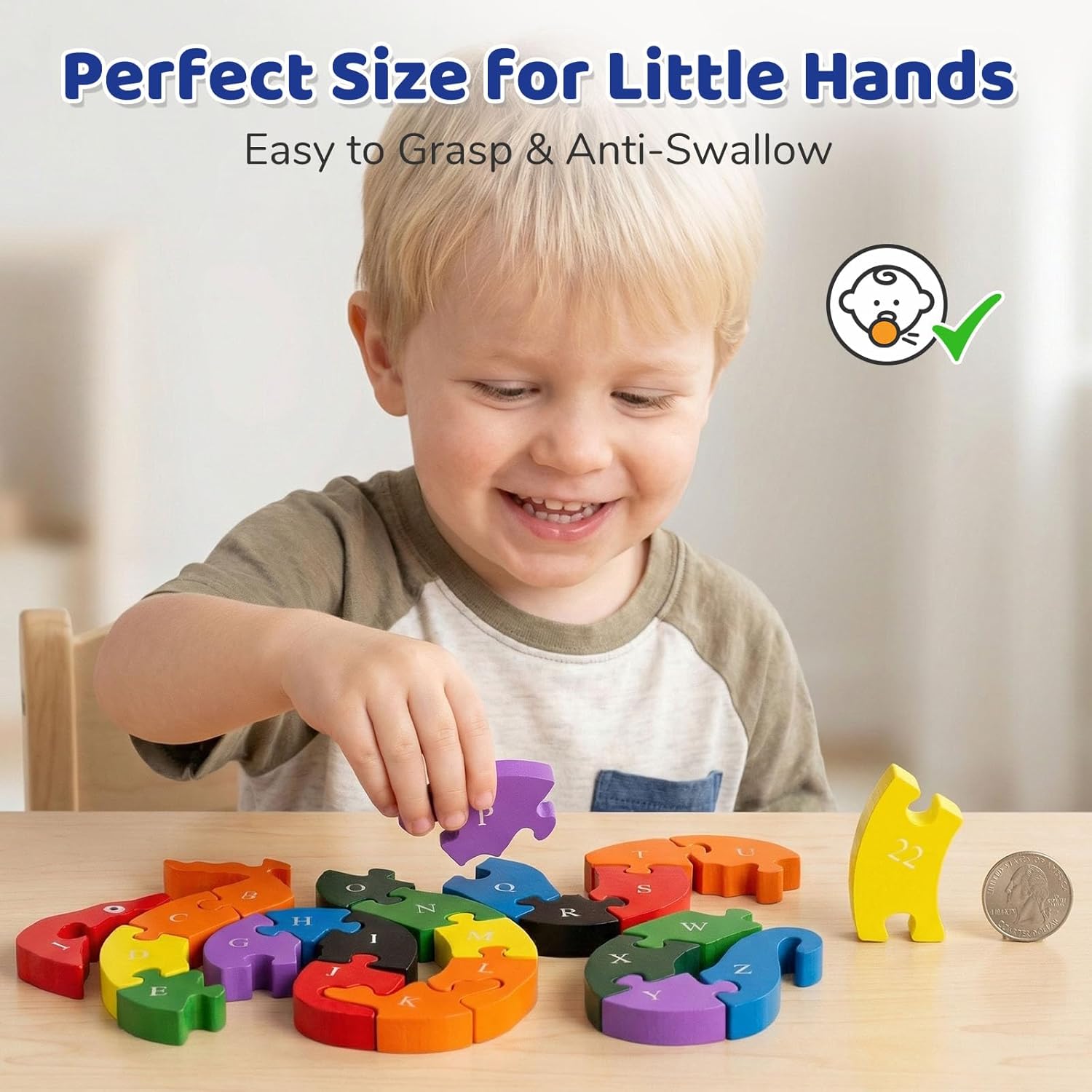 LovesTown Wooden Puzzles for Kids, Double Sided Snake Jigsaw with Alphabet & Numbers, Montessori Educational Toy for Toddlers, Chunky Animal Gift