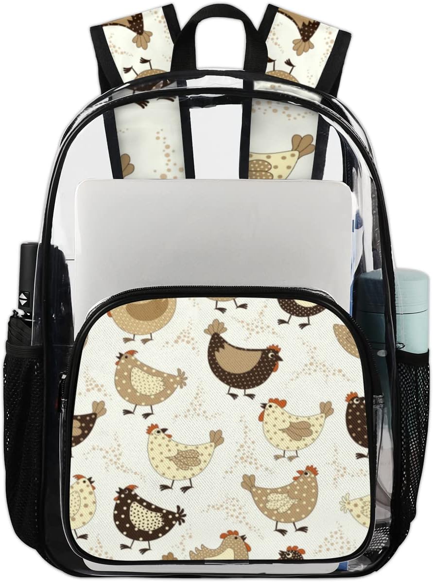 Cute Chicken Clear Backpack Stadium Approved Heavy Duty PVC Transparent Backpacks Large See Through Bag for Work Travel Sports Events Concerts