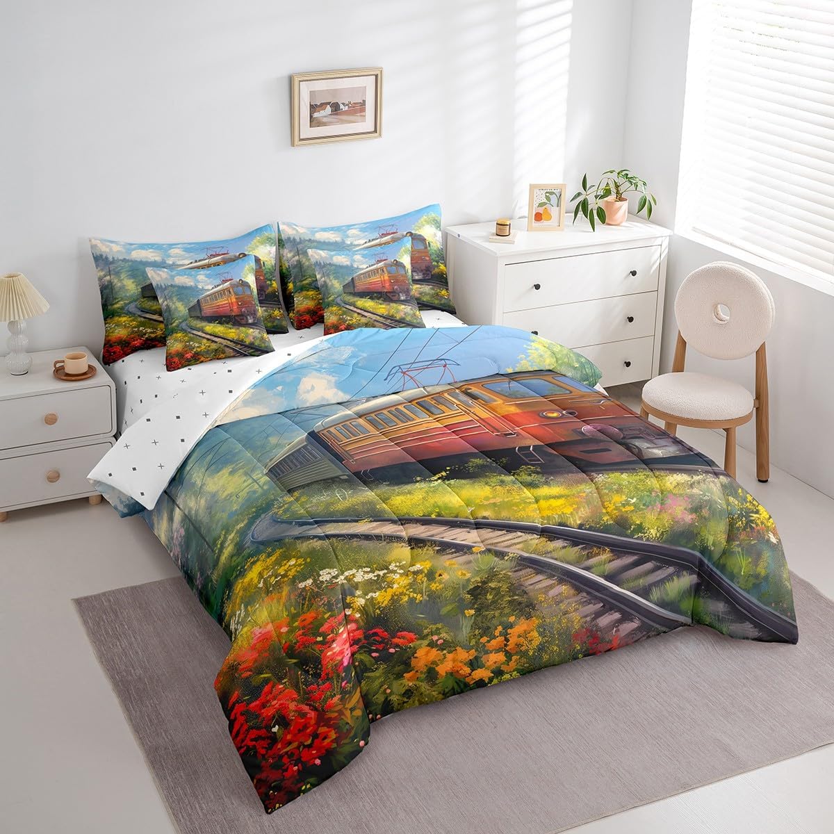 Watercolor Train Twin Bedding Sets 7-Piece Steam Engine Comforter Set Oil Painting Comforter Set With Sheets Rainbow Botanical Floral Bed In A Bag Hand Drawn Car Theme Room Decor For Kids Boys