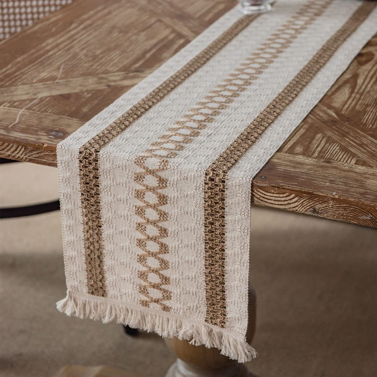 Chemin de table bohème chic en coton marron 228 cm pour mariage et fête