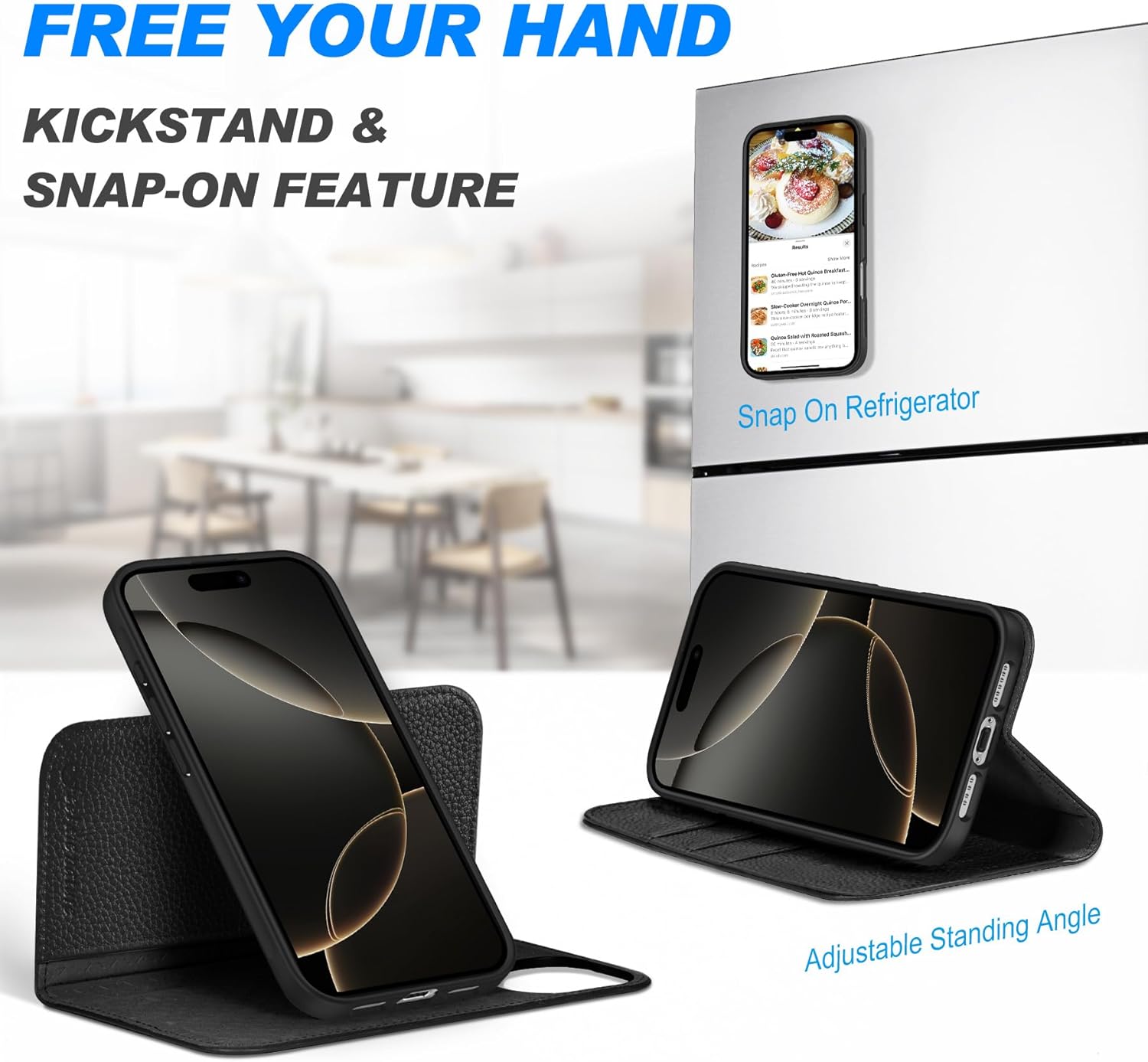 SHIELDON Case for iPhone 16 Pro Max 6.9", Genuine Leather Detachable Wallet Wireless Charging Kickstand RFID Blocking Card Holder Magnetic Cover Compatible with iPhone 16 Pro Max - Pebbled Black - Image 5