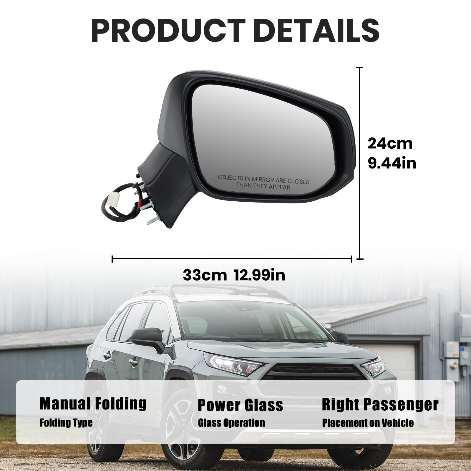 Right Passenger Side Mirror Compatible with Toyota RAV4 2019 2020 2021 2022 2023 2024 Door Mirrors Power Manual Folding Non-Heated 3 Pins product thumbnail 5