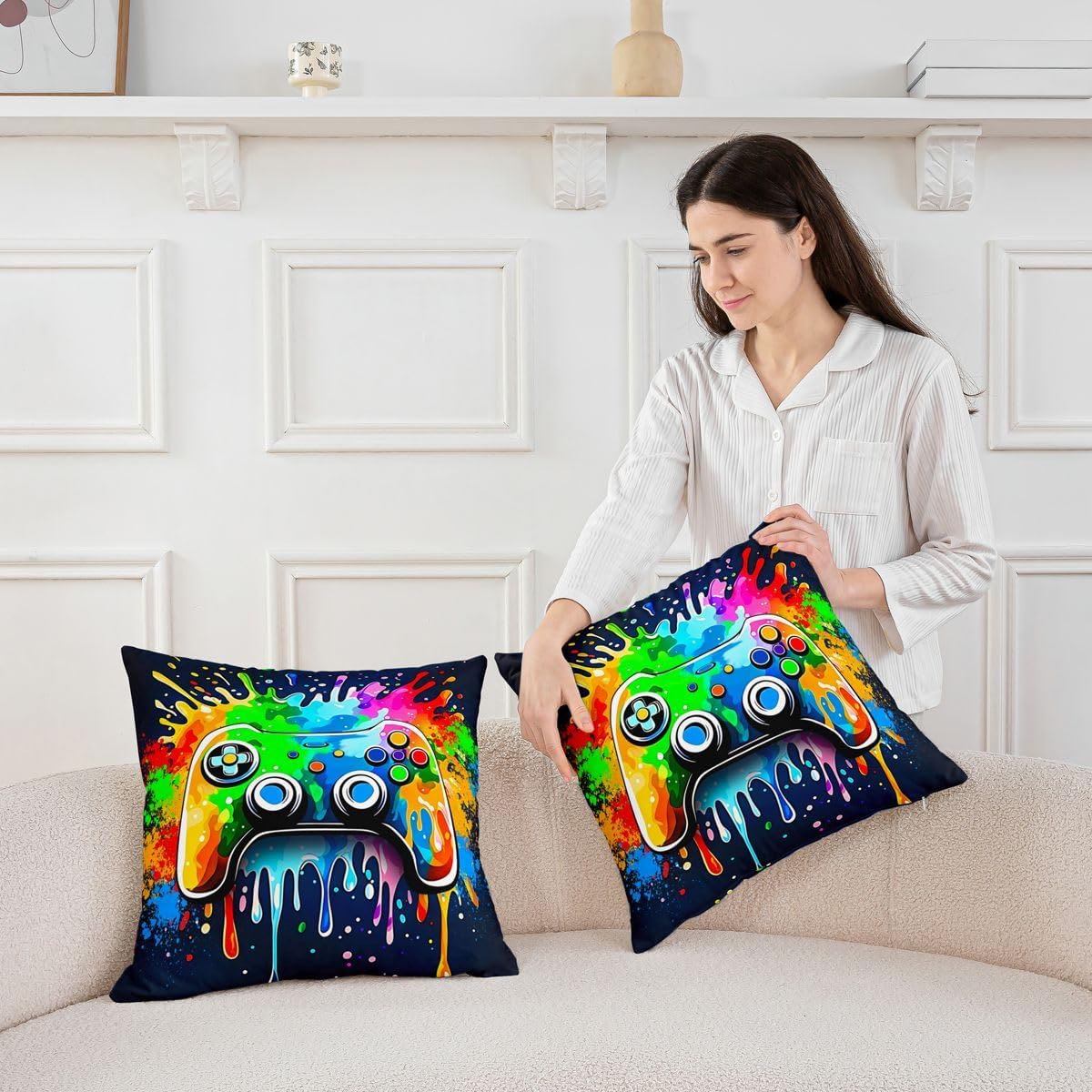 Castle Fairy Gamepad Kids Throw Pillow Cover,Hippie Console Rainbow Controller Double Sides Pillow Case,Video Game Tie Dye Gaming Home Decor,Colorful Bed Couch Sofa Cushion Cover,4 Pack 16"x16" image 4