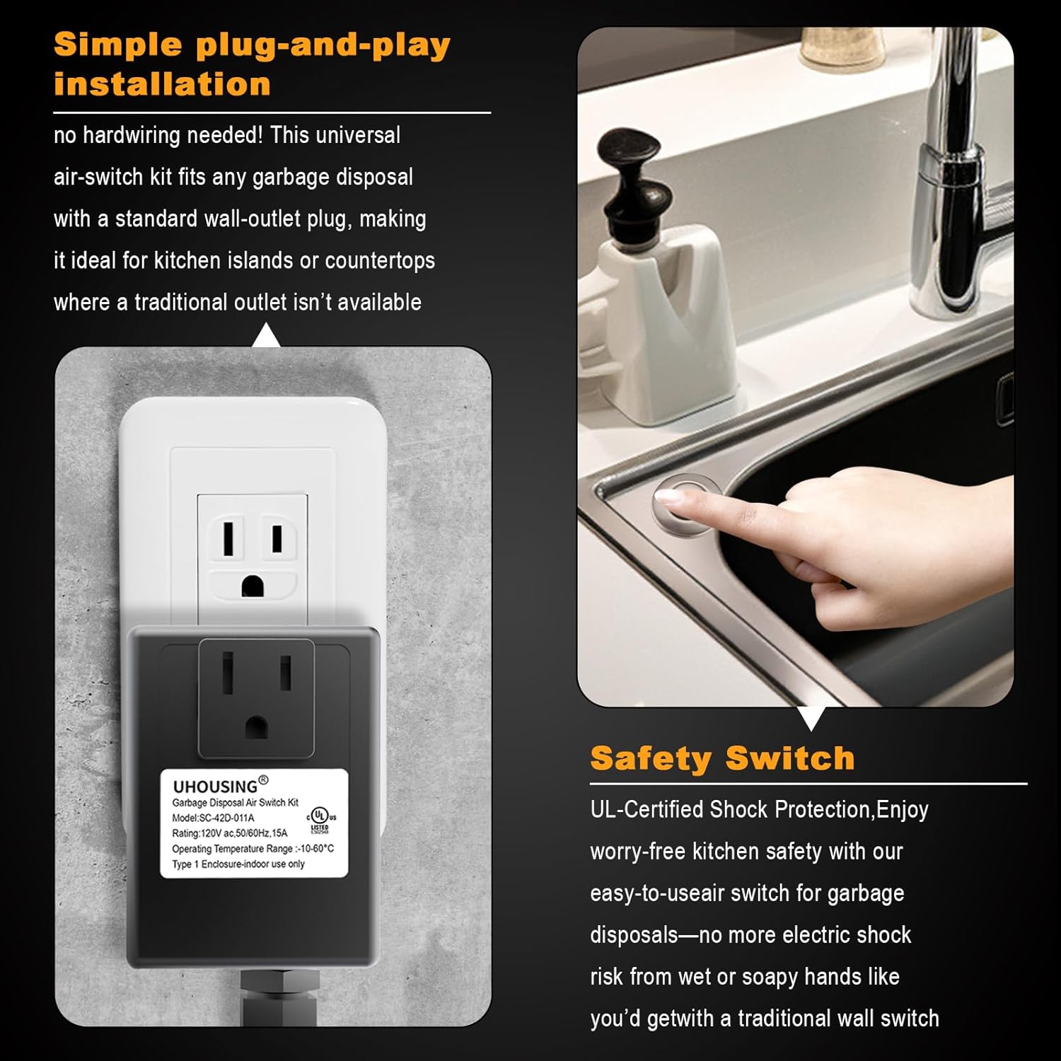 Garbage Disposal Air Switch Kit - UL Certified, Brass Anti-Smudge Button, Complete Kit with Air Hose, Adapter & Cord, Fits All Disposals (Stainless Steel Brushed)