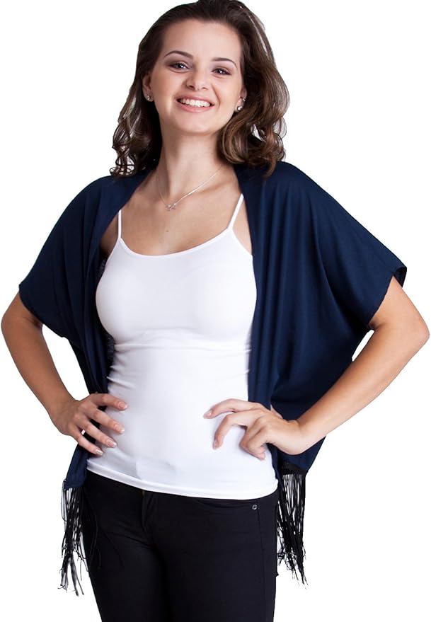Ladies Fringe Trimmed Open Front Short Sleeve Navy Blue Cardigan