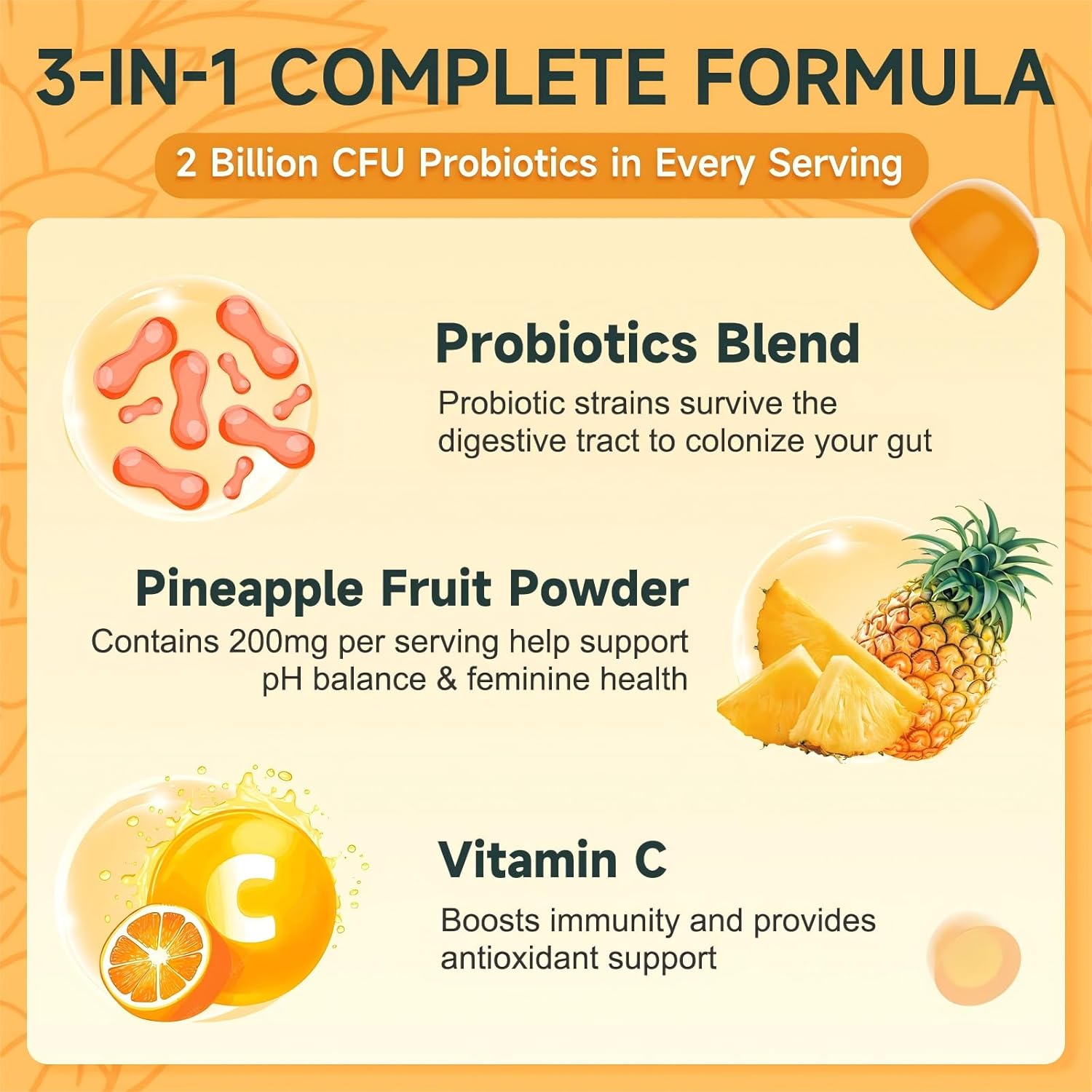 Feminine Balance Gummies, Probiotics Gummies for Women - pH Balance, Odor Control, Vaginal Flora & Digestive Health - Vaginal Probiotic with Vitamin C for Immune, Hawaiian Pineapple Flavor, 90 Gummies - Image 5