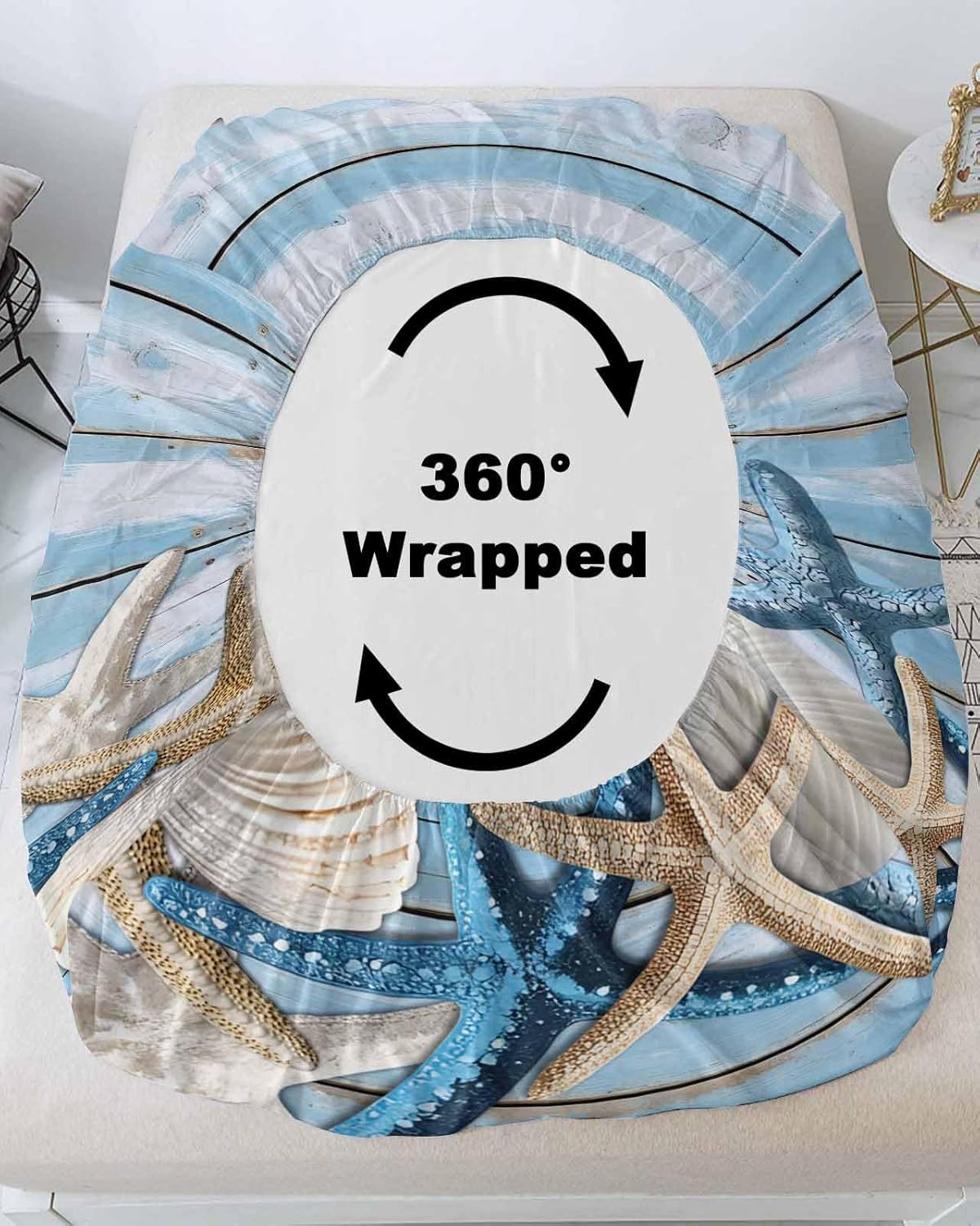 Coastal Ocean Beach Starfish Shell Fitted Bed Sheets Queen Size Fit 5-16inch Deep Pockets,Luxury Bottom Sheet Bedding Set with Pillow Case,Farmhouse Blue Ombre Wood Fitted Sheet for Mattress