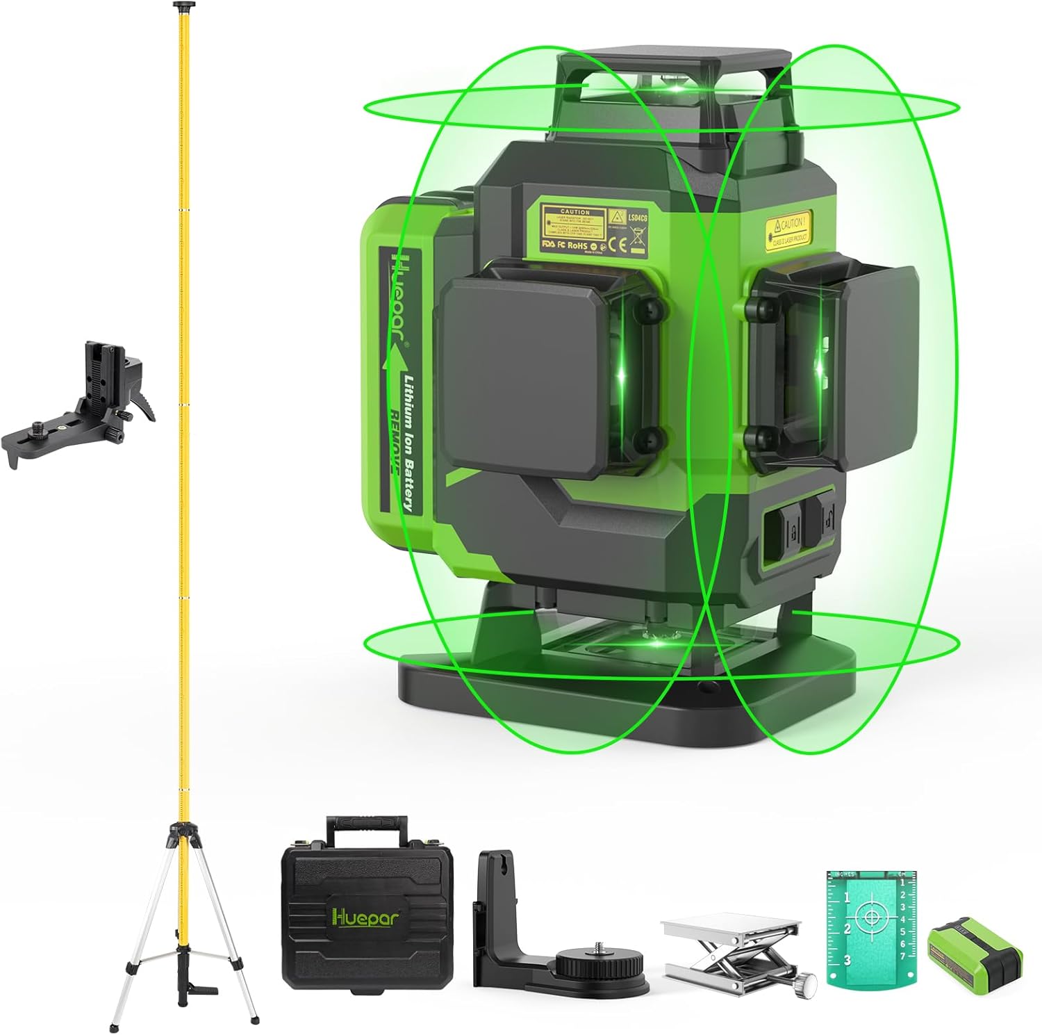 Huepar 4x360 Laser Level Self-leveling 16 Lines Green Beam 4D Cross Line Tiling Floor Tool with 12 Feet Telescoping Pole - Two Li-ion Batteries and Hard Carry Case-LS04CG & LP36