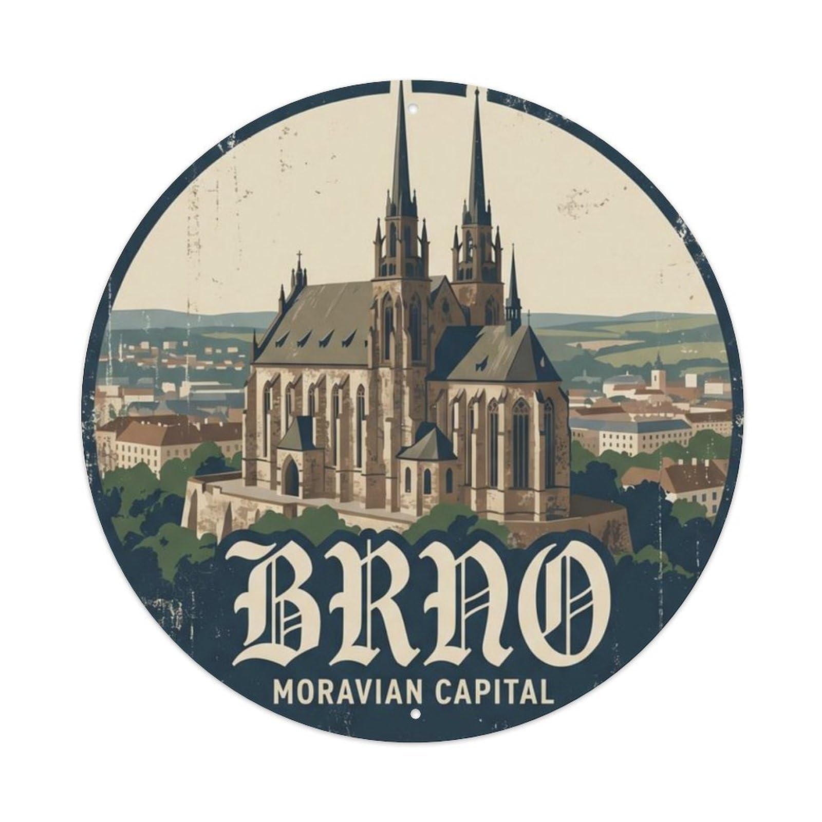 Vintage Travel Brno Cathedral Czechia Metal Tin Sign Plaque Wall Decor for Cafe, Club Bar, Office, Home Garden Round Metal Poster 8x8Inch