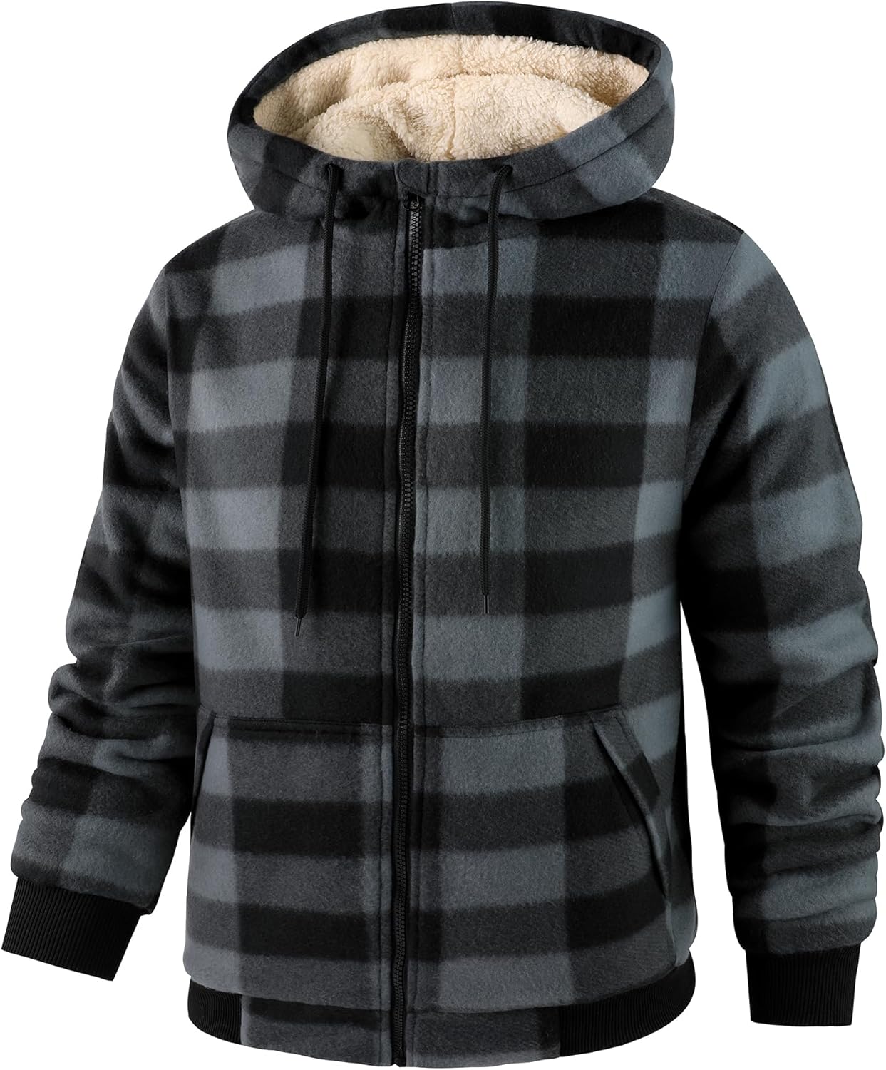 Mens Plaid Hoodies Winter Zip Up Fleece Jacket Sherpa Fleece Lined Warm Flannel Jacket Coat - Image 4