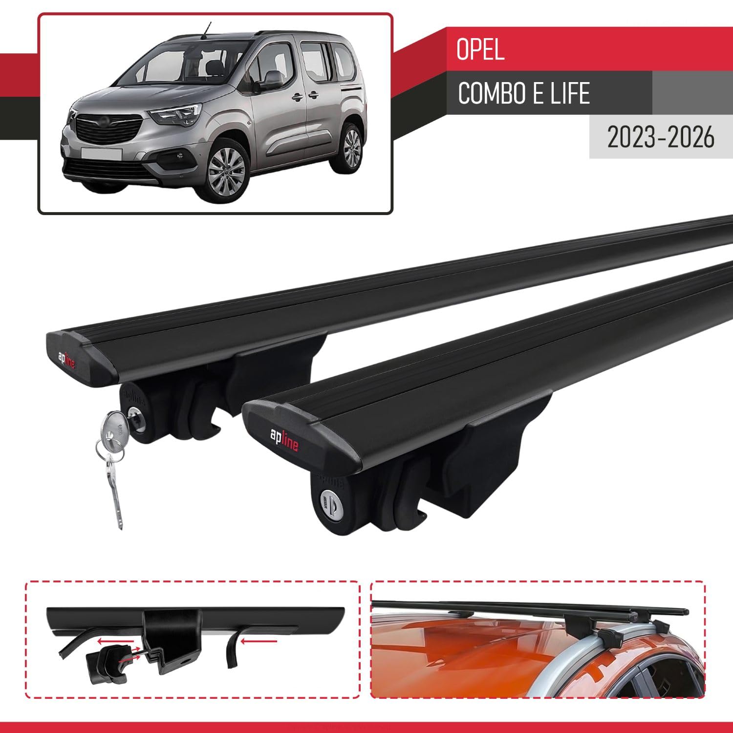 Kompatibel mit Opel Combo E Life 2023-2026 Hook Modell Relingträger Dachträger Auto Gepäckträger Schwarz Aluminium 2 Stangen