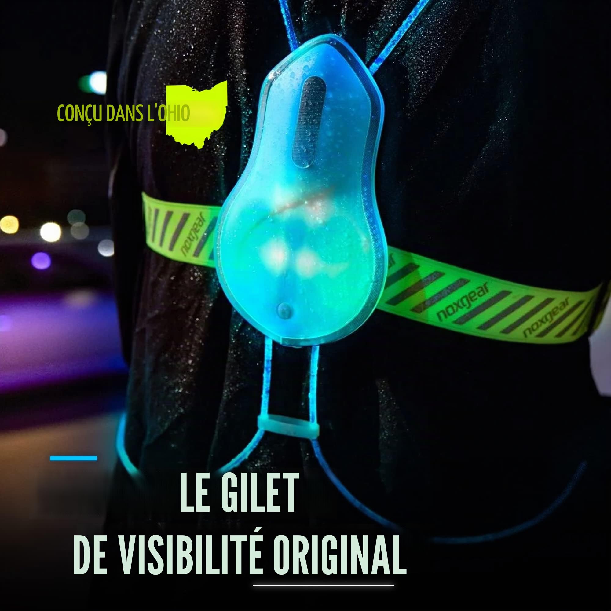 Noxgear Gilet de Course Tracer2 Multicolore Lumineux réfléchissant avec Lampe pectorale 500 lumens