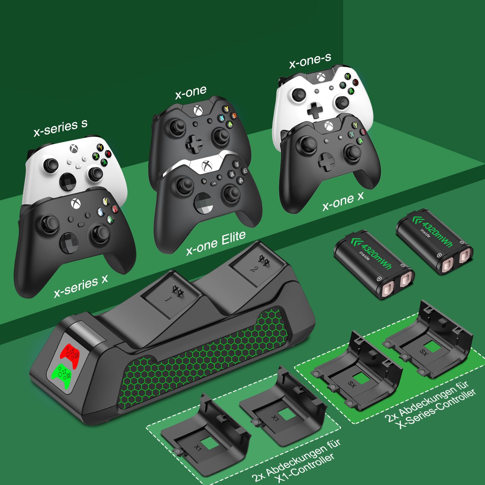 Batterie Rechargeable Xbox avec Station de Charge pour X/S/One/Elite - 4 Couvercles de Batterie (Sans Contrôleur)