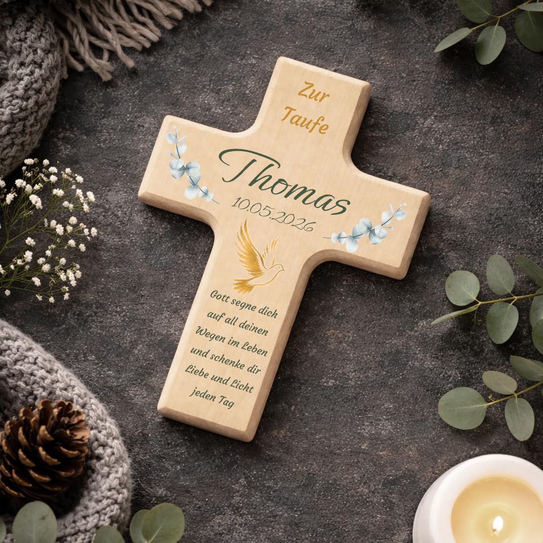 Personalisiertes Kinderkreuz zur Taufe, Kommunion & Konfirmation - Holzkreuz mit Name, Datum & Wunschtext - Christliches Kreuz für Jungen & Mädchen - Kranz Design mit Fisch, Baum oder Kreuz