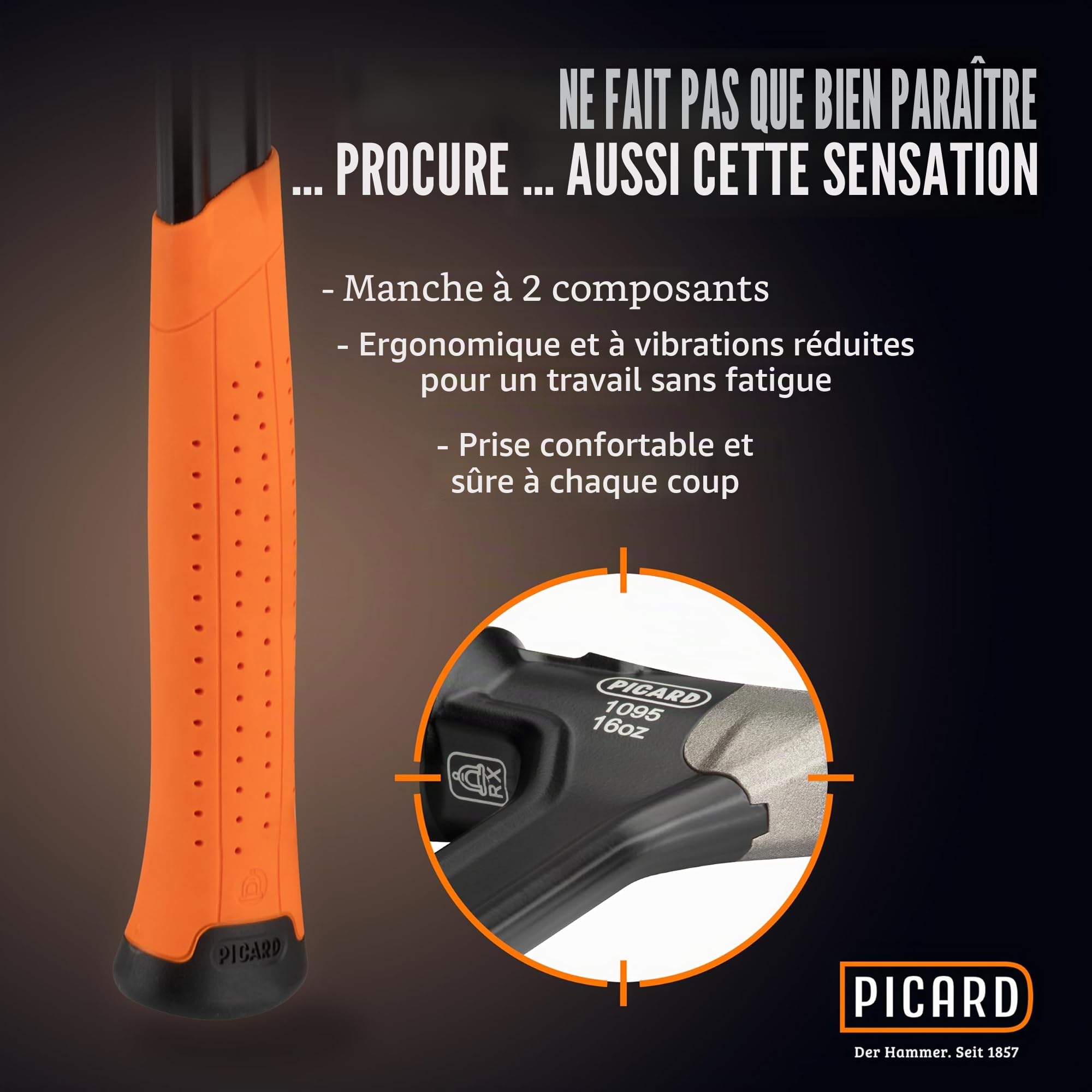 PICARD marteau de charpentier strié AluTec®, no. 1095 | Marteau arrache-clou professionnel | Léger & puissant | Ergonomique & anti-vibrations | Hammer hybride aluminium & acier forgé