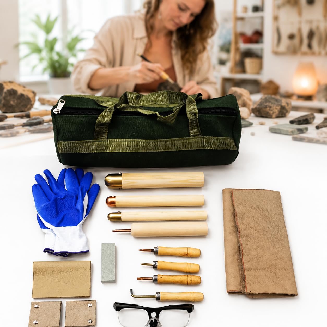 15-teiliges Feuerstein-schlagwerkzeug-Set Für Anfänger: Komplettes Obsidian-bearbeitungswerkzeug Mit 3 Hämmern, 5 Druckabschlägern, Schleifstein, 3 Lederpolstern, Werkzeugtasche, Schutzbrille