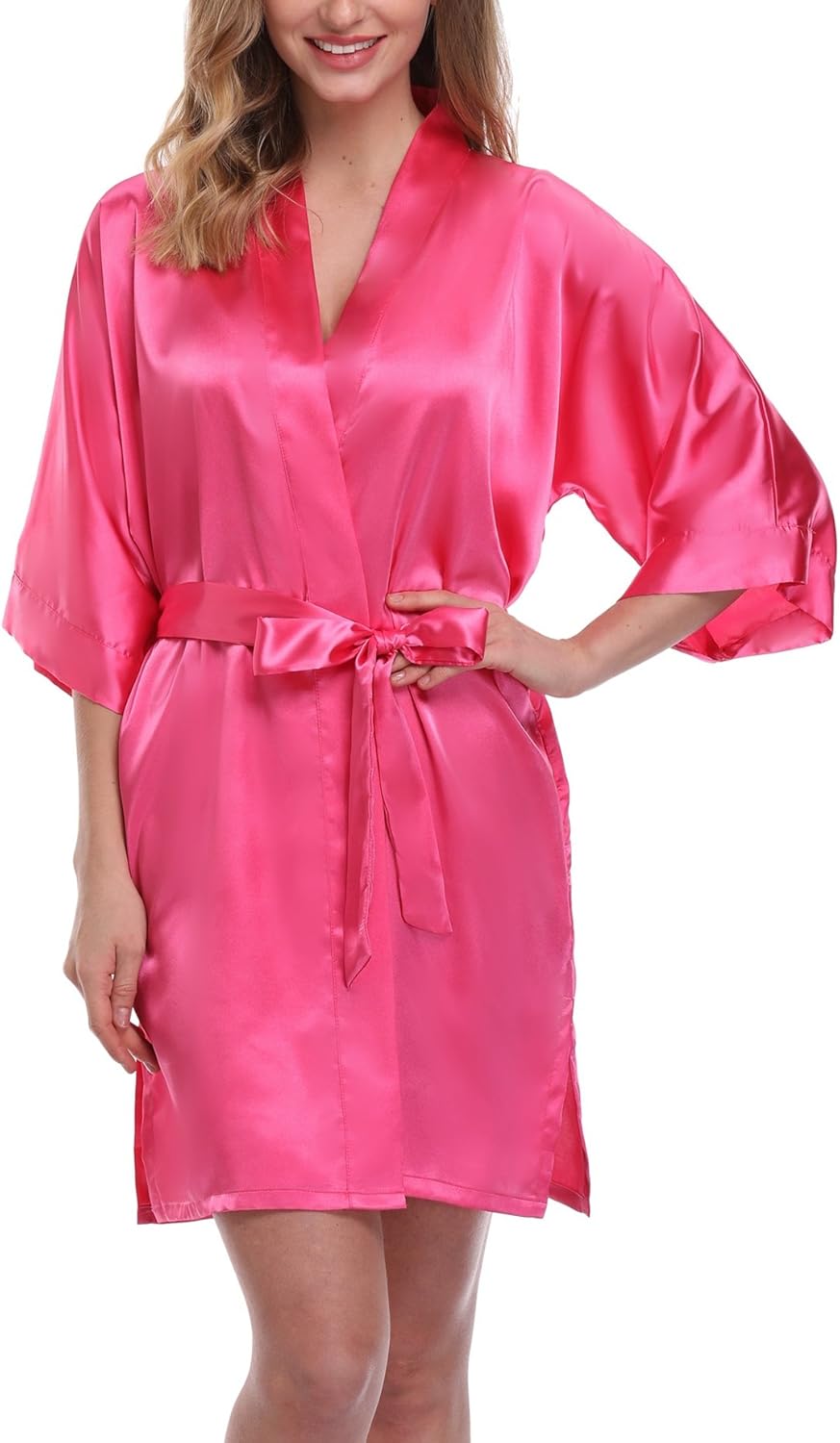 Women's Pure Color Satin Kimono Robe Short Bridesmaids Robe Dressing Gown - Image 4