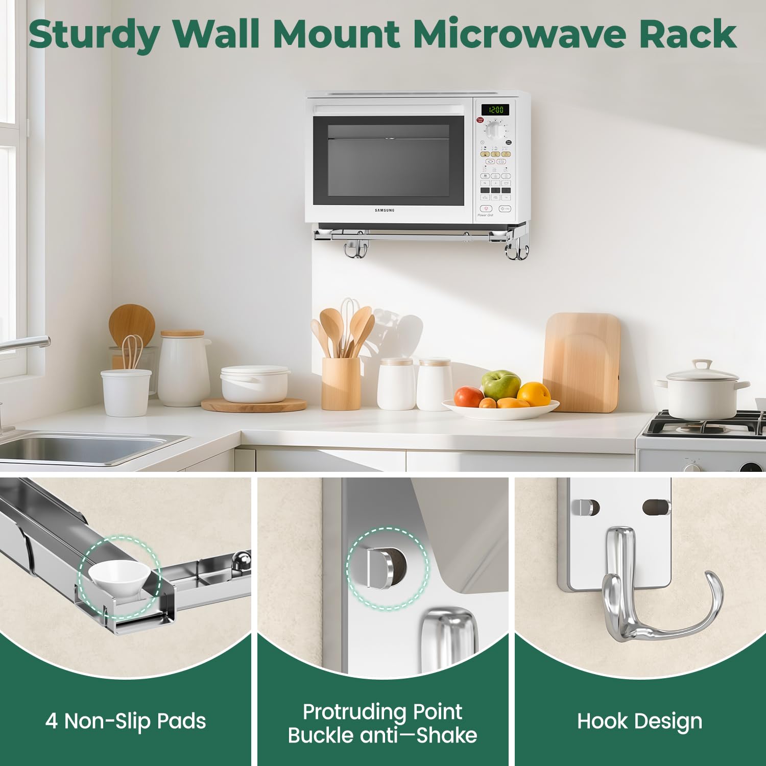 EsLuker.ly Soporte universal de pared para horno de microondas de acero inoxidable con ganchos extraíbles, brazo ajustable plegable para cocina, soporte para horno elástico, carga de 100 libras