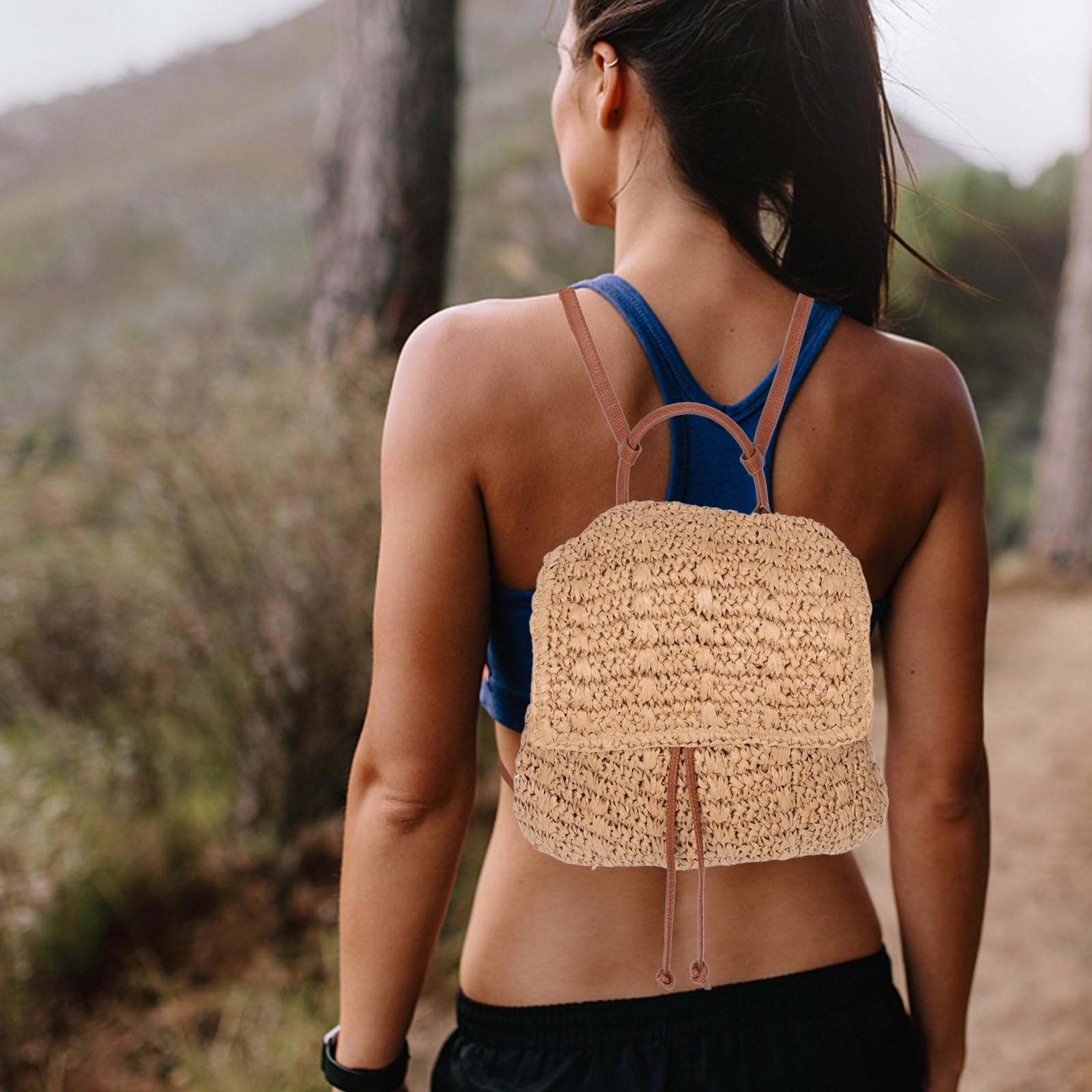 PLAFOPE Mochila Boho para Mujer de Paja Tejida con Gran Capacidad y Cierre de Cordón, Bolso de Playa Elegante para Salidas Casuales en Verano