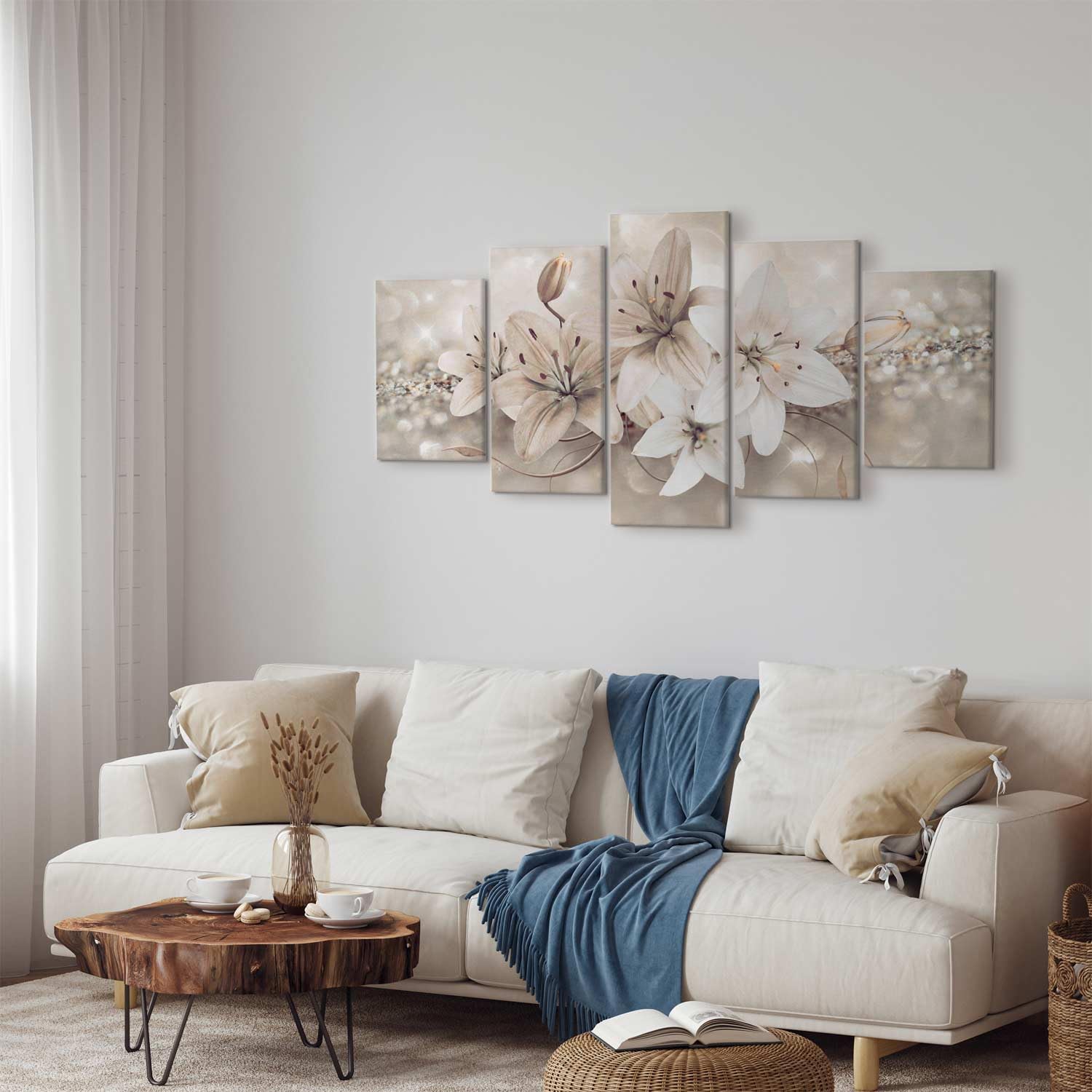 B&D XXL - Quadro Fiori Giglio 150x75 cm 5 pezzi Stampa su tela con Struttura - Quadri Moderni Soggiorno Grandi - Pannelli Decorativi per Pareti Decorazione da parete - Astratto Natura b-A-0297-b-n
