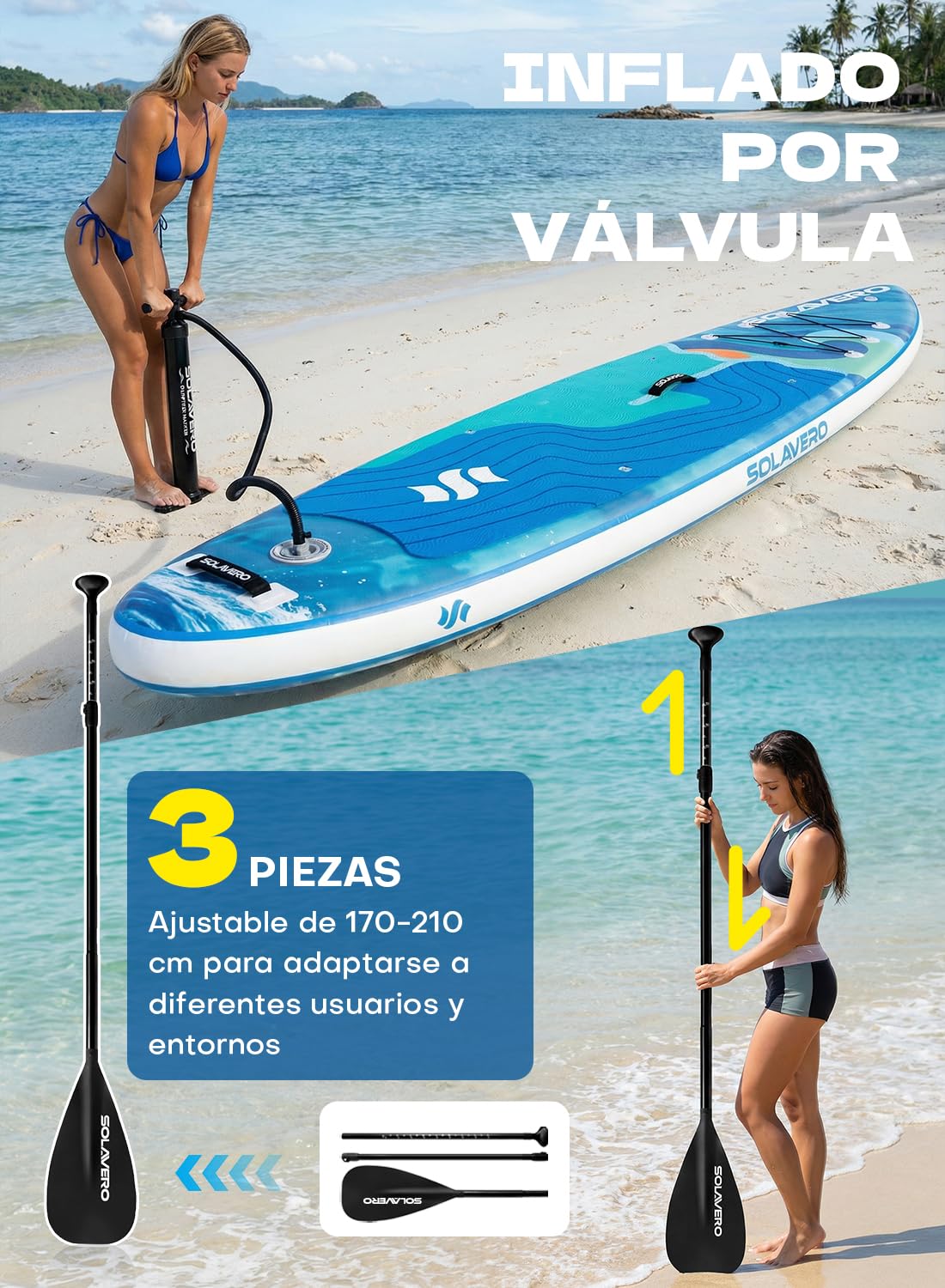 SOLAVERO Tabla Paddle Surf Hinchable, 335 x 83 x 15 cm Sup con Antideslizante EVA Deck, Paleta Ajustable, Soporte para Cámara, Quillas, para Todos los Niveles de Habilidad, hasta 200 kg