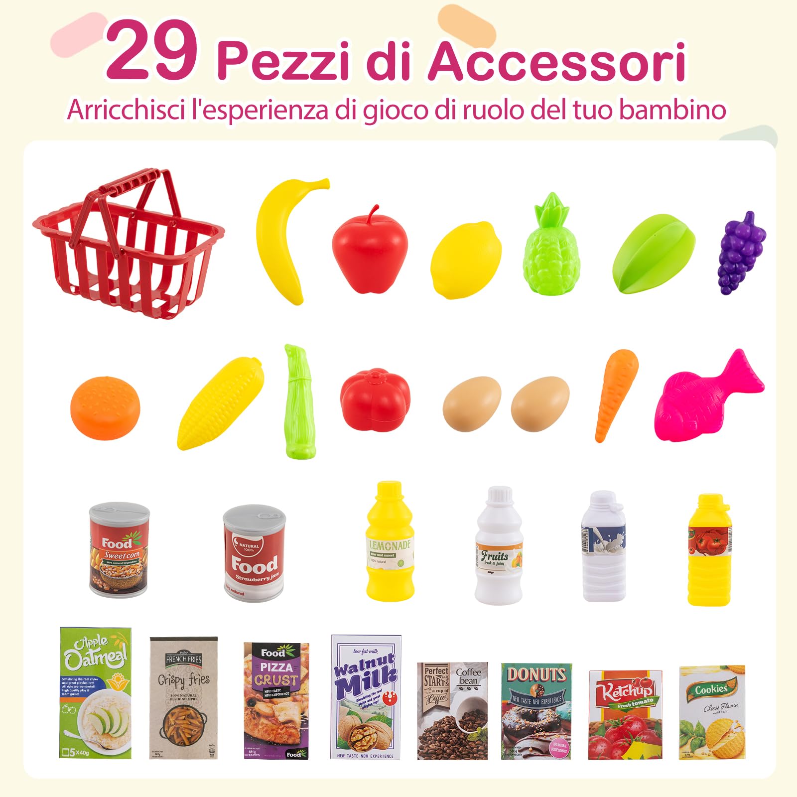 Supermercato per Bambini con Banco, Carrello della spesa e Cestino, Bilancia Simulata, Cassa con Effetti di Luce e Suono, Supermercato Giocattolo con 76 Accessori per Bambini 3+ Anni (Rosa)