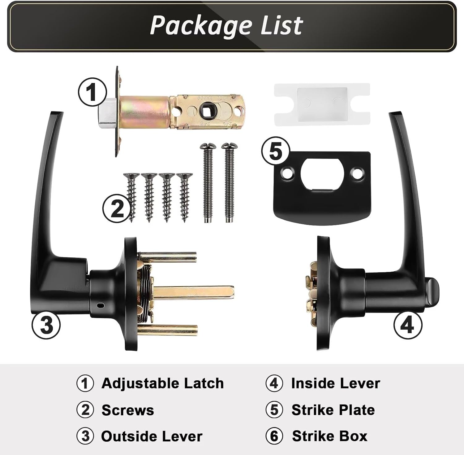 Probrico 5 Pack Passage Door Lever Black Door Handles, Keyless Door Knobs Door Lock for Hallway Doors, Closets, Lounge