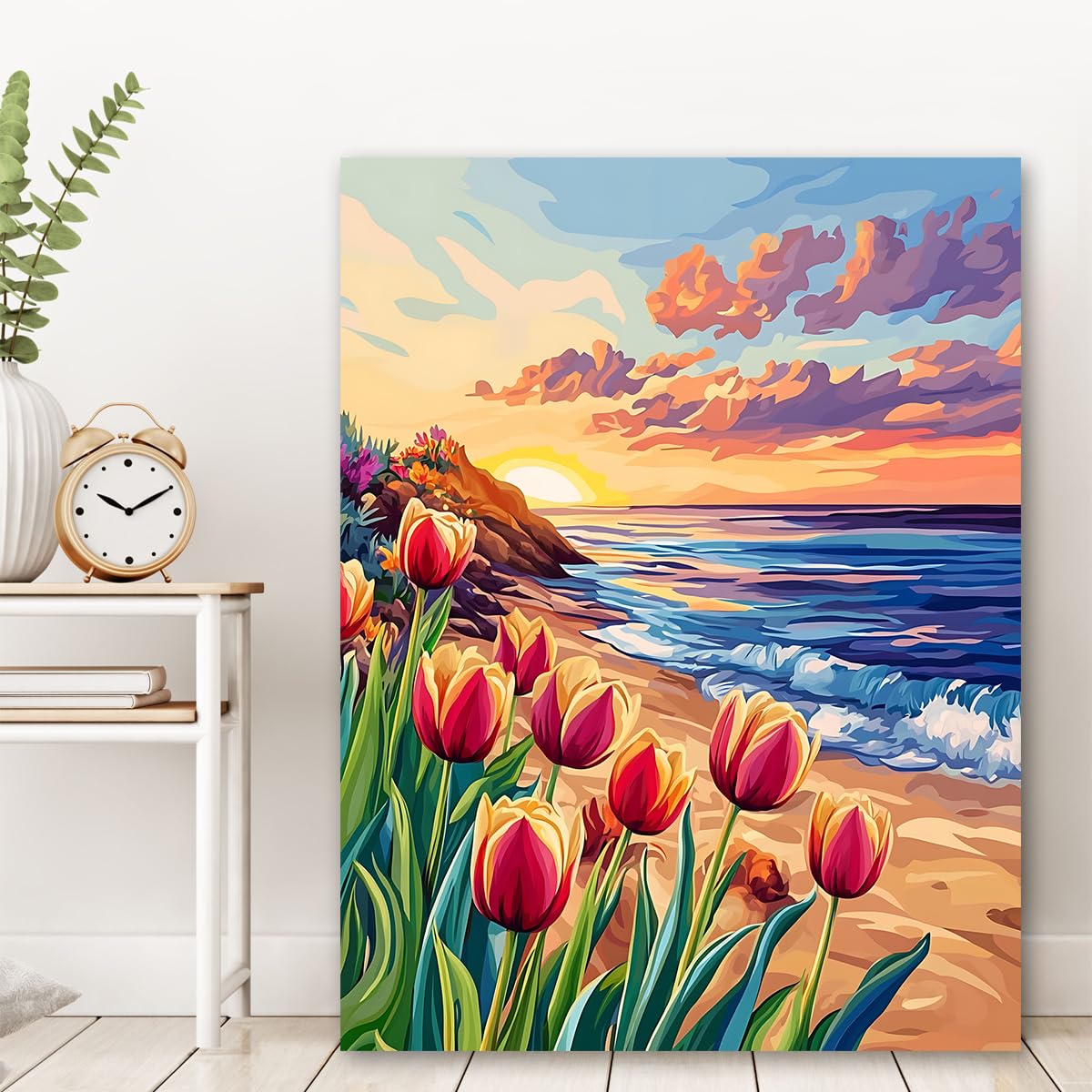 CHERHERART Affiche de peinture paysagère moderne de plage Peinture murale en toile florale orange jaune Tirages sur toile tulipes au coucher de soleil côtier pour salle à manger 85x110 cm sans cadre