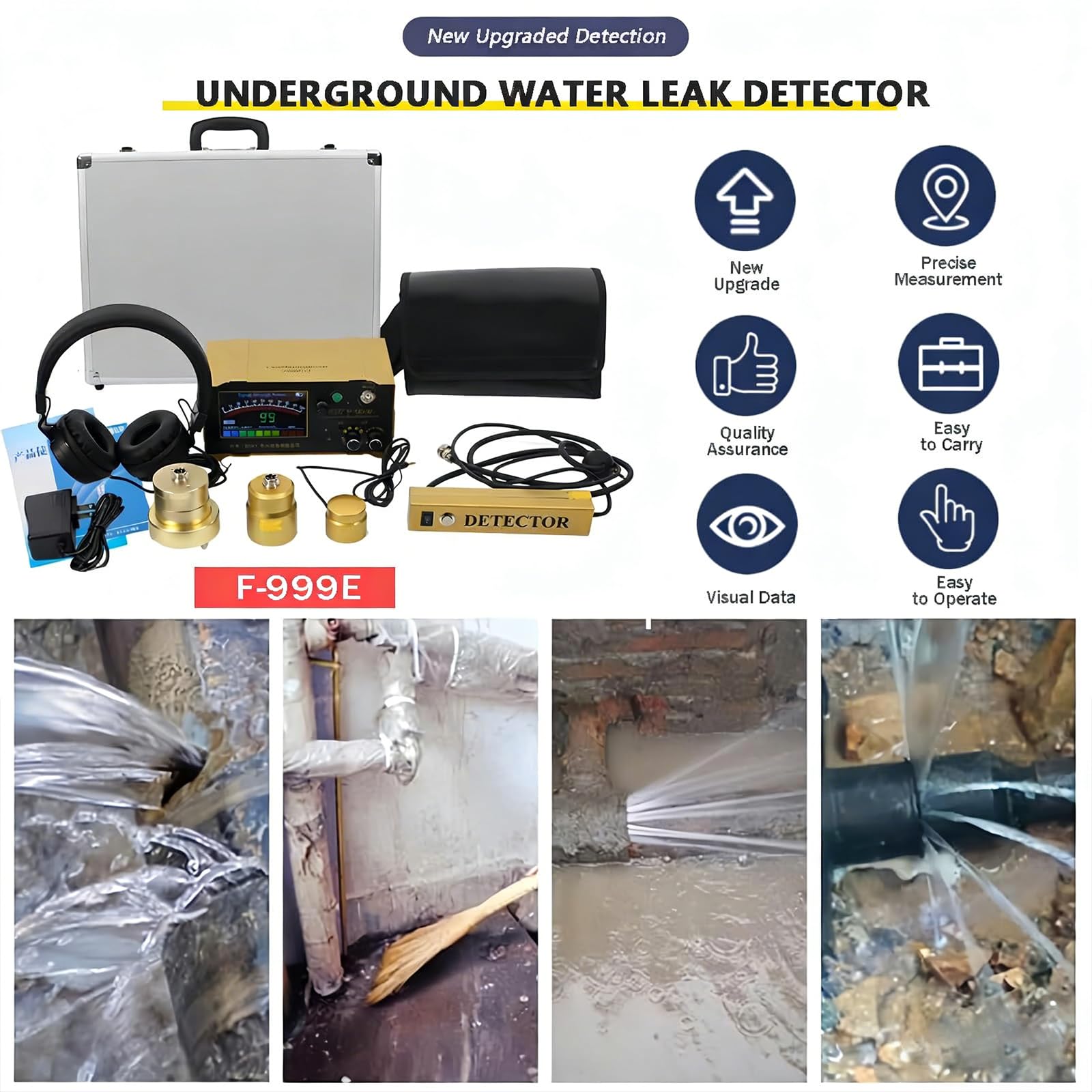 Détecteur de Fuite d’Eau – Outil Professionnel pour Canalisations Souterraines, 4 Fréquences Réglables, Contrôle du Volume, LCD et Sonde d’Humidité pour Tuyaux Intérieurs et Extérieurs F999E