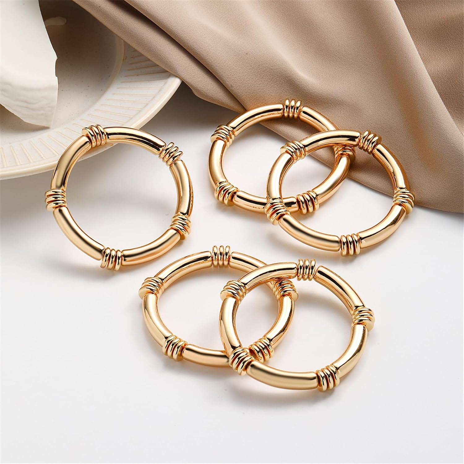YBMYCM 5PCS Gold Chunky Bangles Bracelets for Women Plated Stackable Layered Curved Bamboo Tube Stretch Bracelets Bangle Gift Jewelry - Image 5