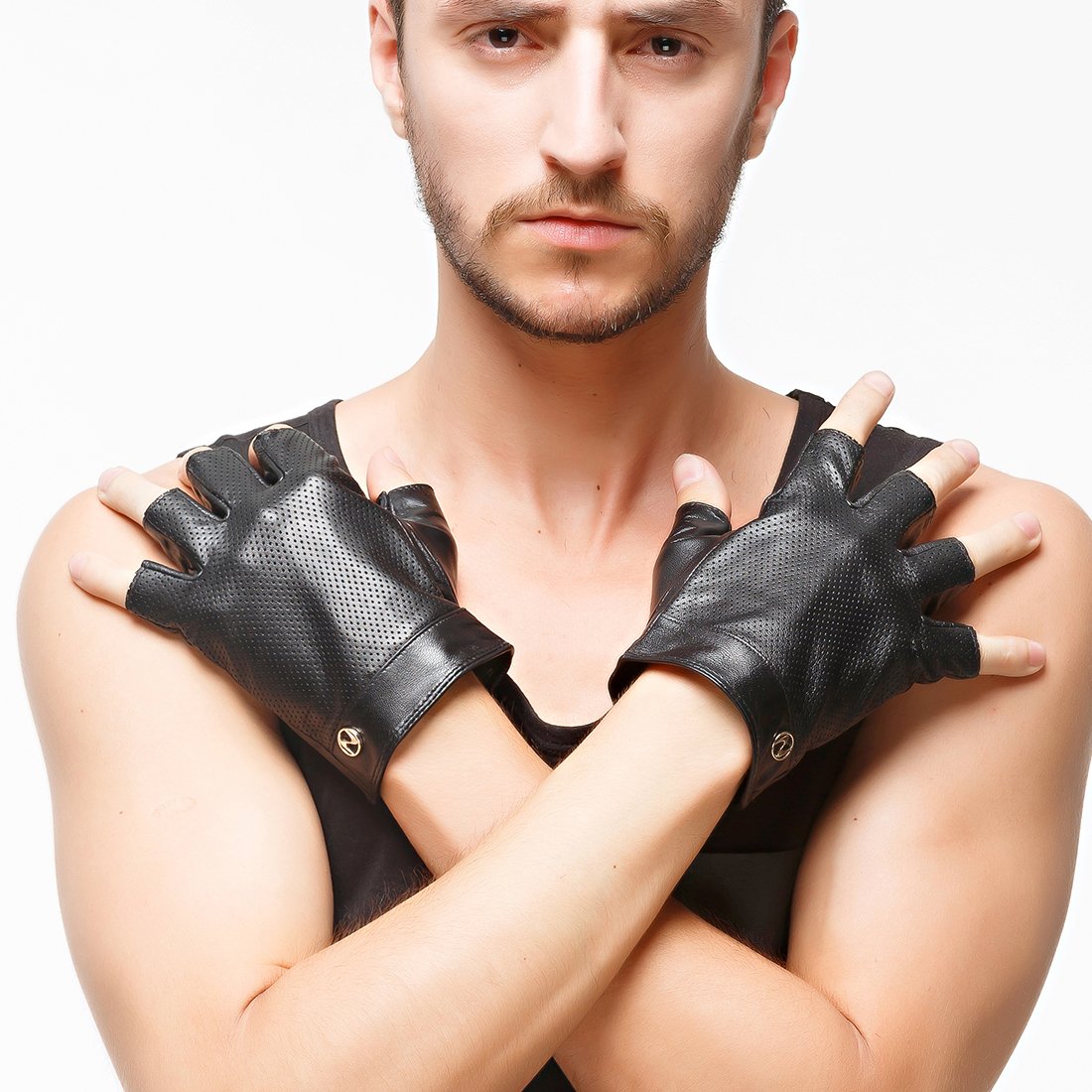 Nappaglo Men's Fingerless Gloves Imported Lambskin Leather Mesh Half Finger Driving Cycling Outdoor Unlined Gloves (XXL (Palm Girth:9.5