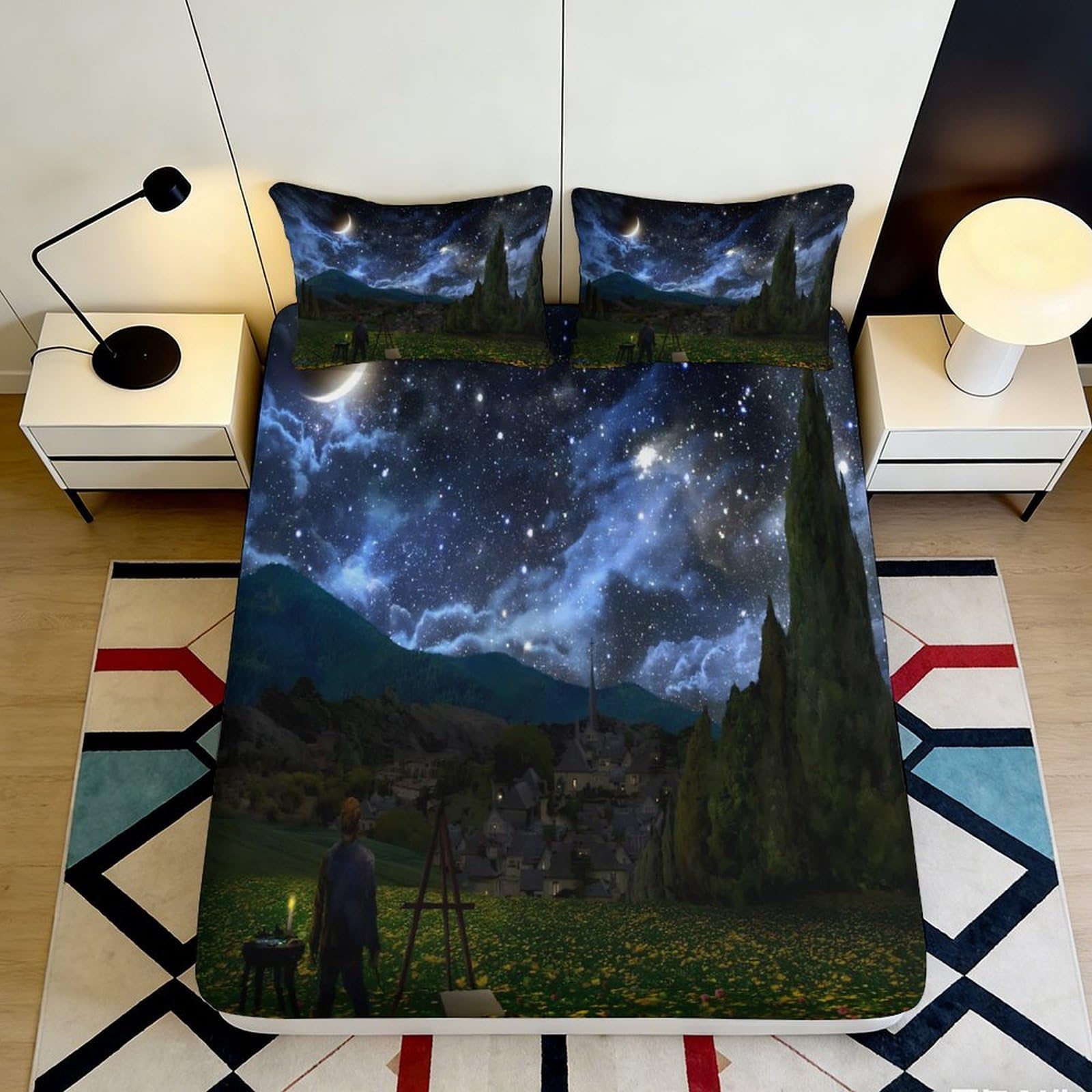 3D Printed Galaxy Starry Sky Fitted Sheet Microfiber Soft Mattress Cover Cosmic Nebula Blue for Bedroom Decor 120x200x25cm