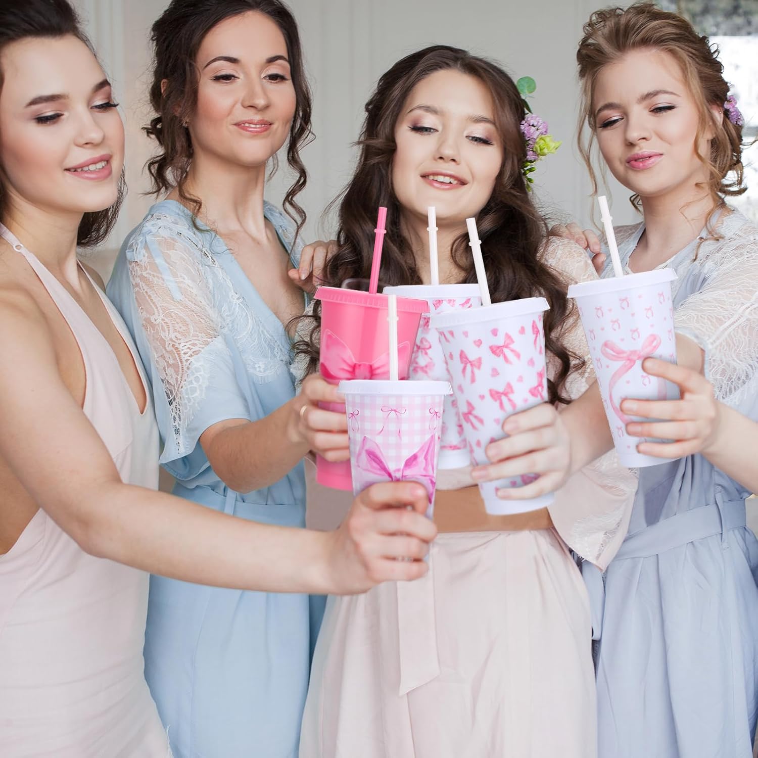 Skylety 24 Pcs 24 oz Pink Bow Tumbler Cups with Straw and Lid Coquette Bow Themed Party Favors 8 Design Reusable Preppy Plastic Travel Cup Gift Birthday Bridal Shower Supplies Decorations - Image 5