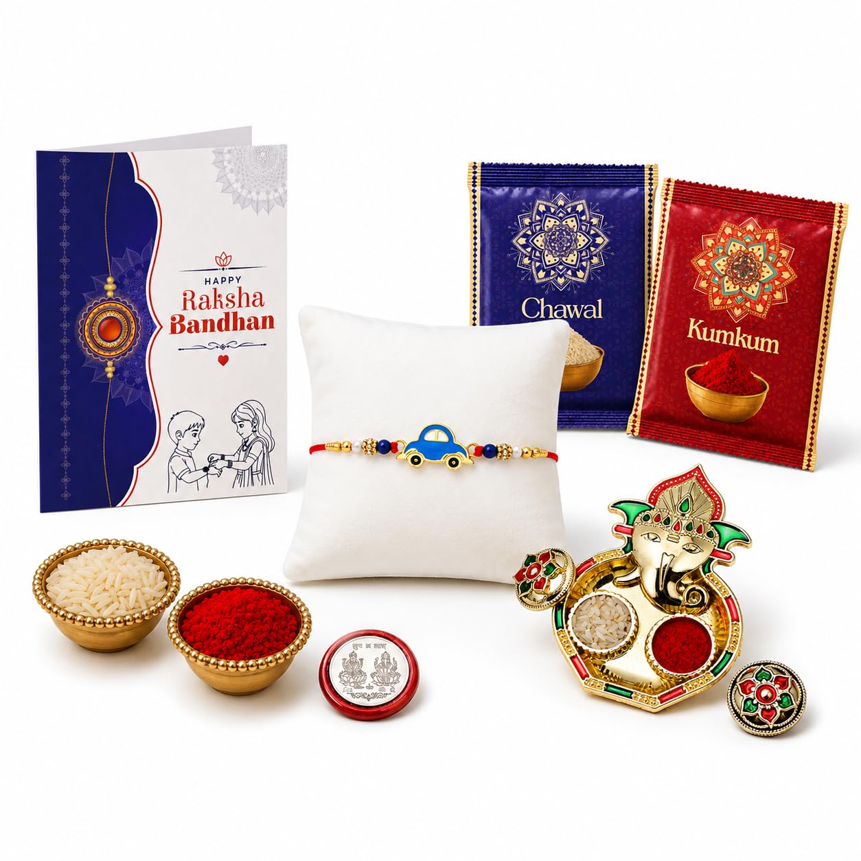 Oblivion Kids Rakhi for Brother β Car Design Kids Rakhi with Ganesh Pooja Thali, Pooja Coin, Kumkum Chawal & Greeting Card | Raksha Bandhan Gift Hamper 4