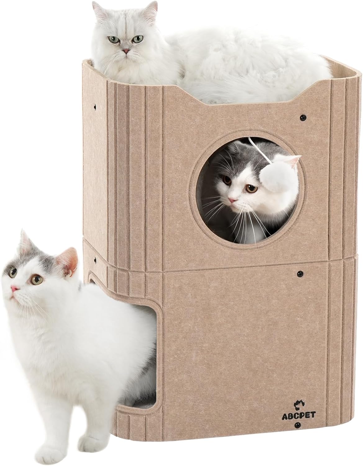 ABCPET Cat House for Indoor Cats, Cat Condo Cat Bed Cave, Felt Cats Hideaway Condo with Resistant Scratching Freedom Kitten Cube & Hanging Ball, Beige