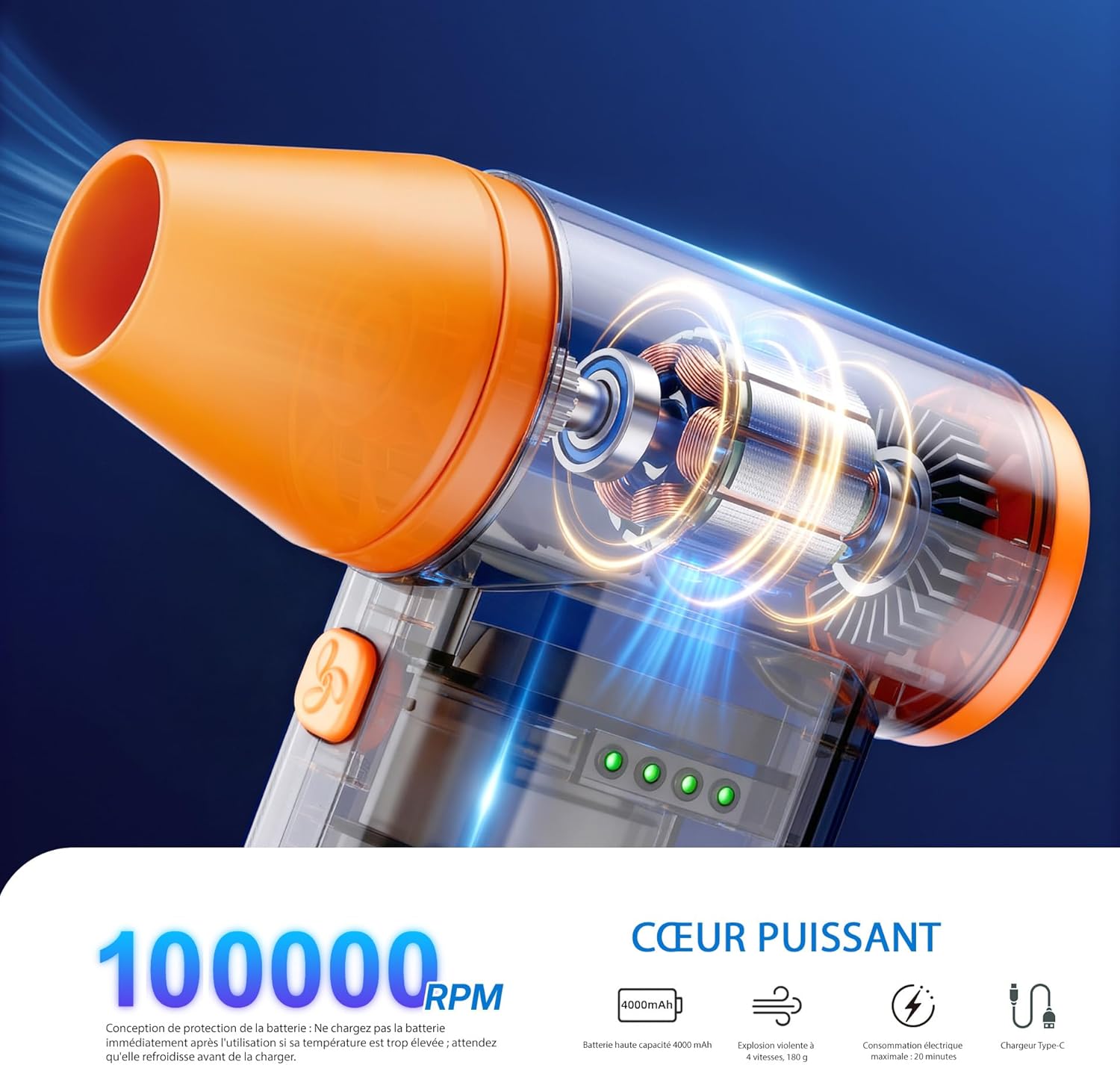 FOURQ F5 Electric Air Duster-100000RPM Super Power Cordless Air Duster,Use Brushless Motor,4-Gear Adjustable Dust Blower Replace Compressed air can for Computer,Keyboard,Outdoor,House and Car