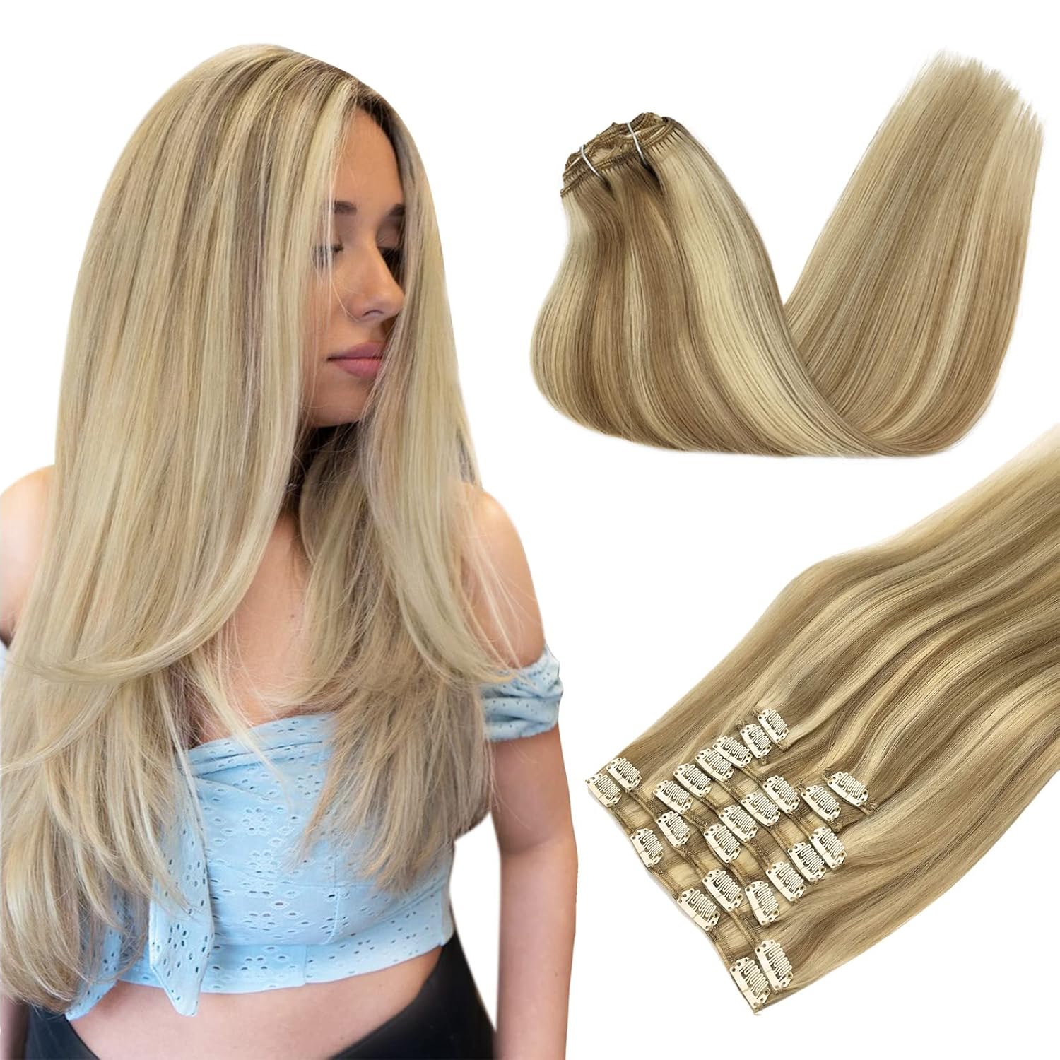 DOORES Clip in Hair Extensions Human Hair, 10pcs 170g 22