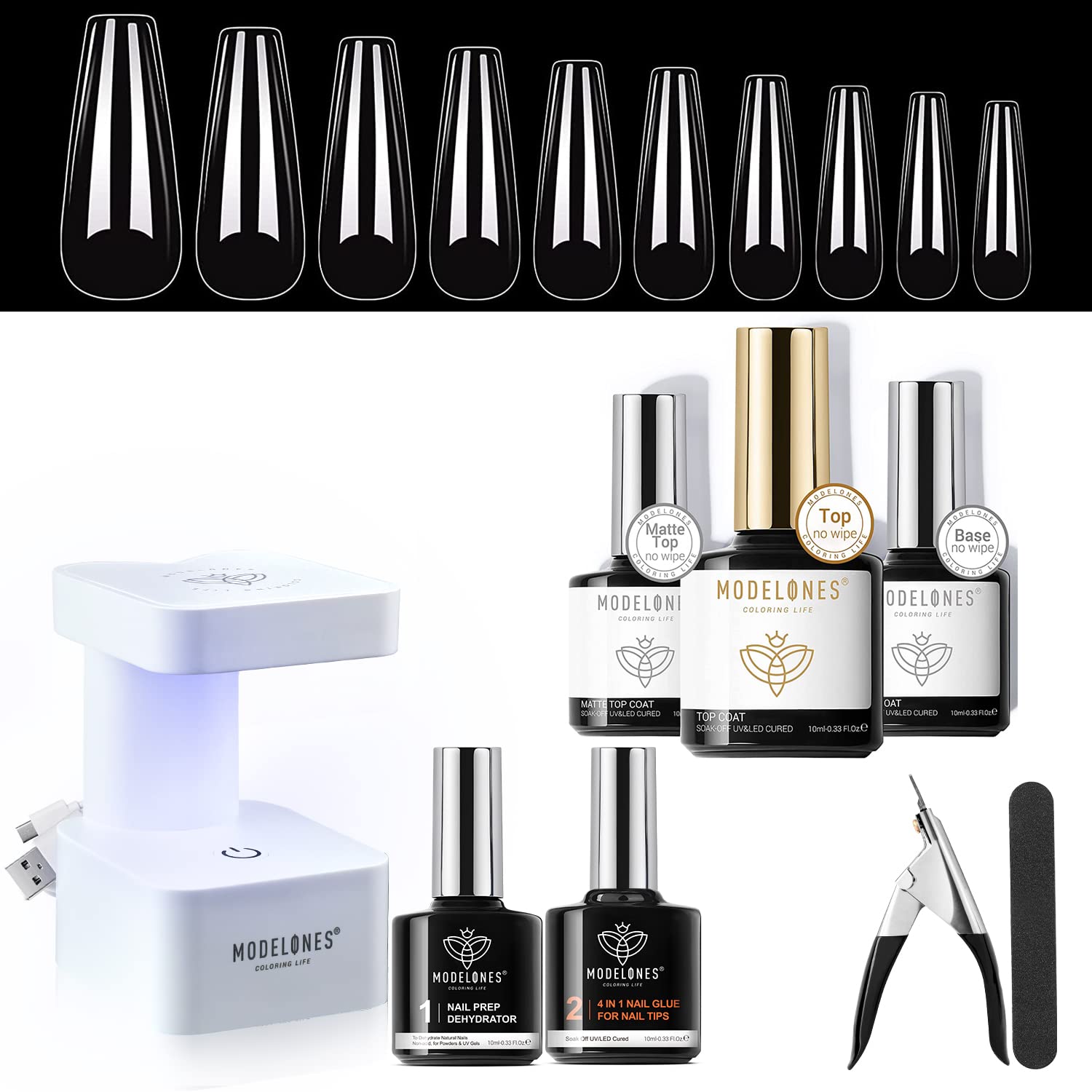 Modelones Nail Tips and Glue Gel Kit Matte Top Coat Base