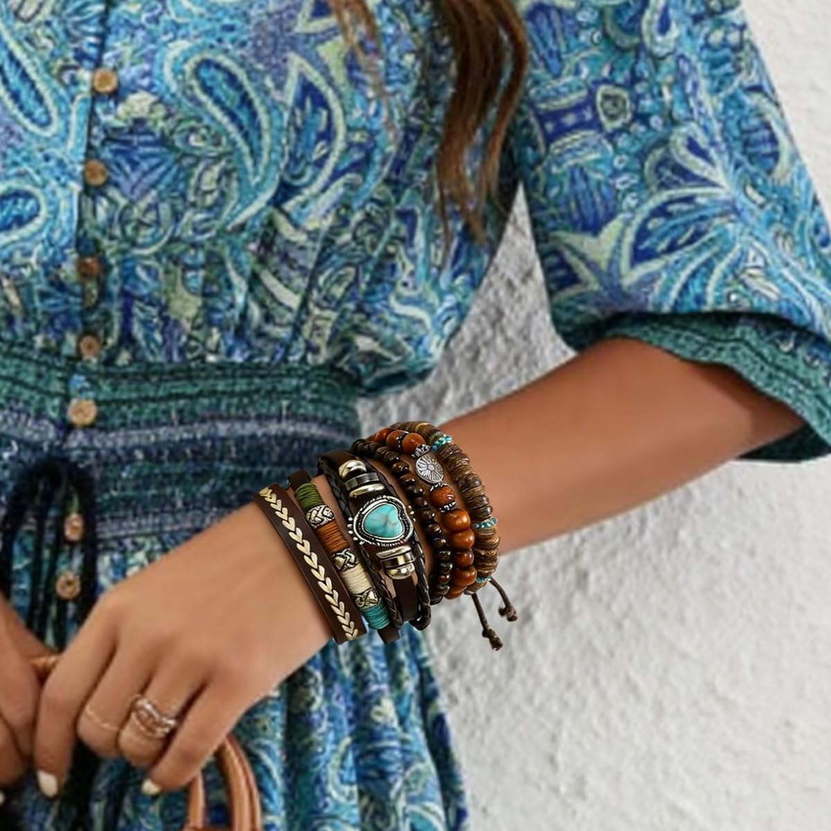 Boho Leather Beaded Bracelets for Men Women Multilayer Retro Cow Turquoise wooden Western beads Bracelet Stack Beach Country Festival Holiday Jewelry 1