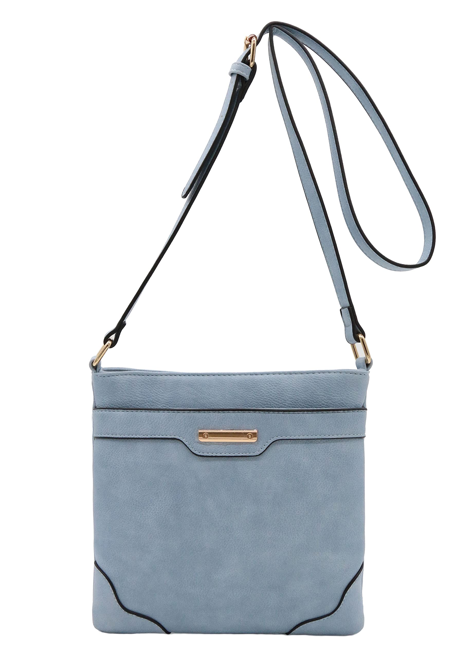 Women's Medium Size Solid Modern Classic Crossbody Bag with Gold Plate (Dusty Blue)