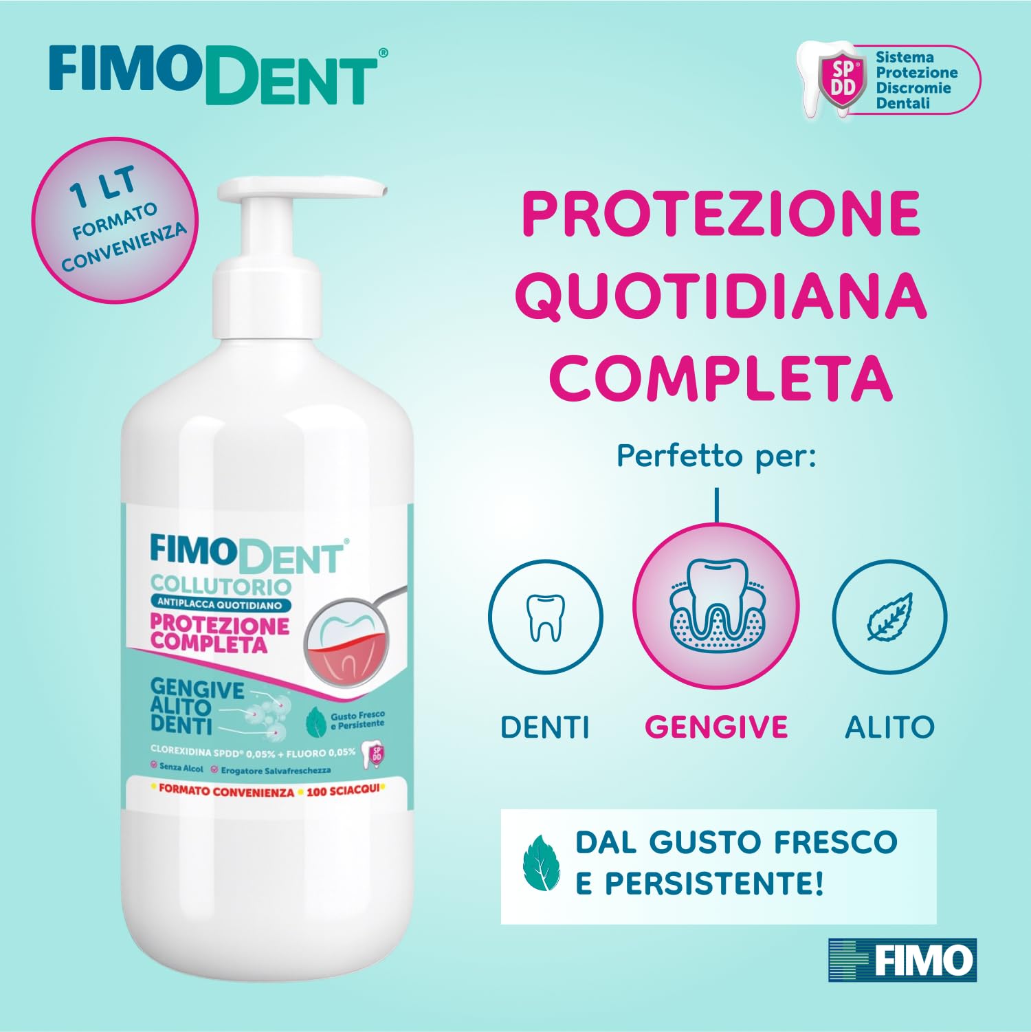 Fimodent Collutorio Antiplacca Quotidiano - Clorexidina 0,05% e Fluoro - Prevenzione Completa Antiplacca, Gengive e Alito - Aroma Menta Briosa - 1000mL
